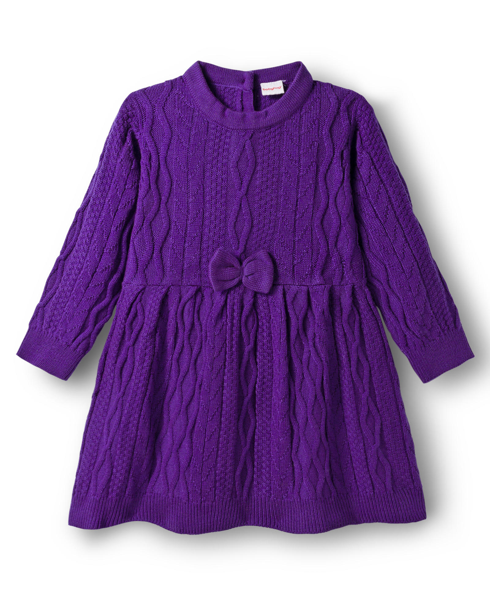 Babyhug Knit Full Sleeves Woolen Dress With Cable Knit Design & Bow Applique - Purple-image-17