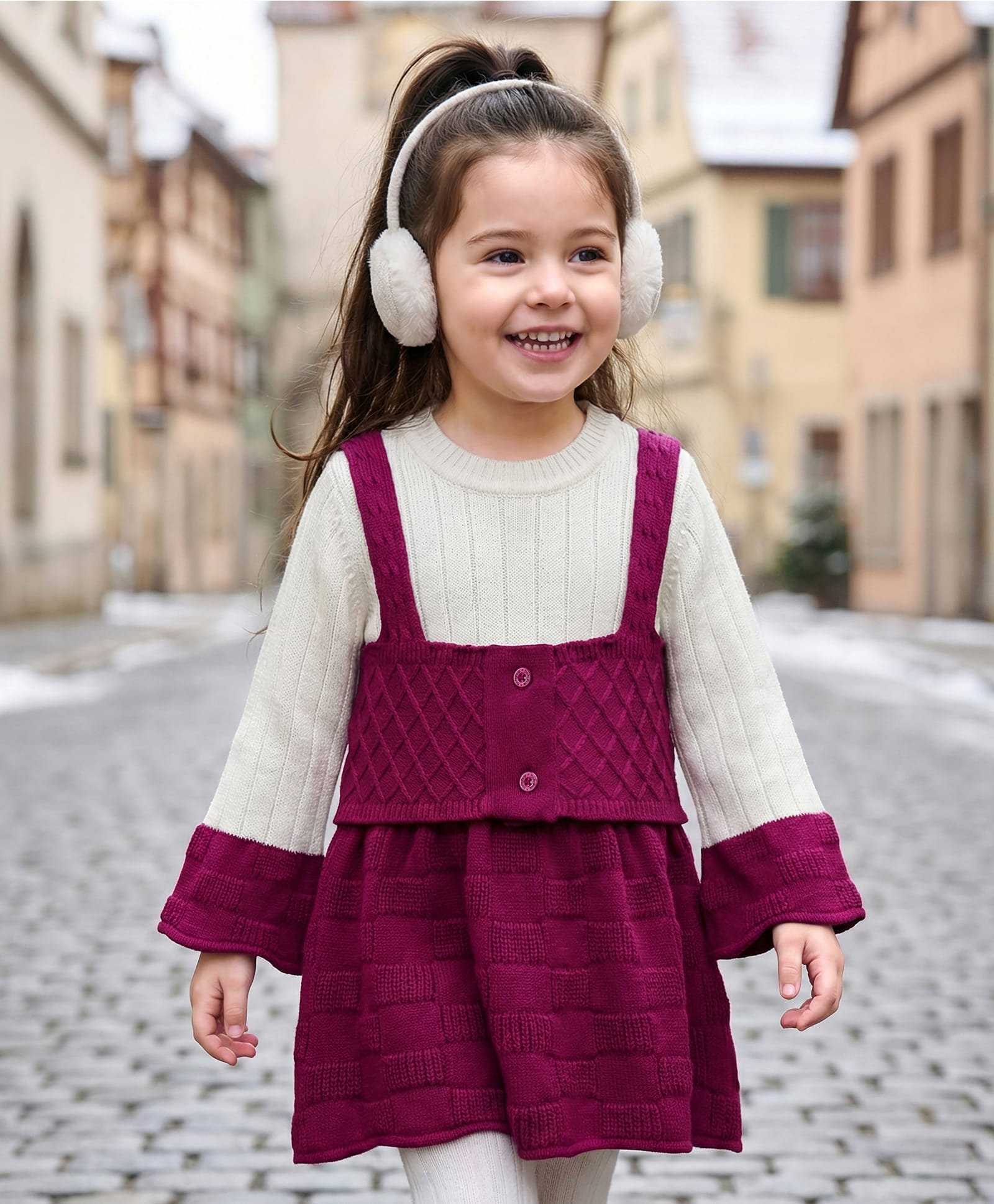 Babyhug Knit Full Sleeves Woollen Dress with Cable Knit Design - Wine & White-picture-21
