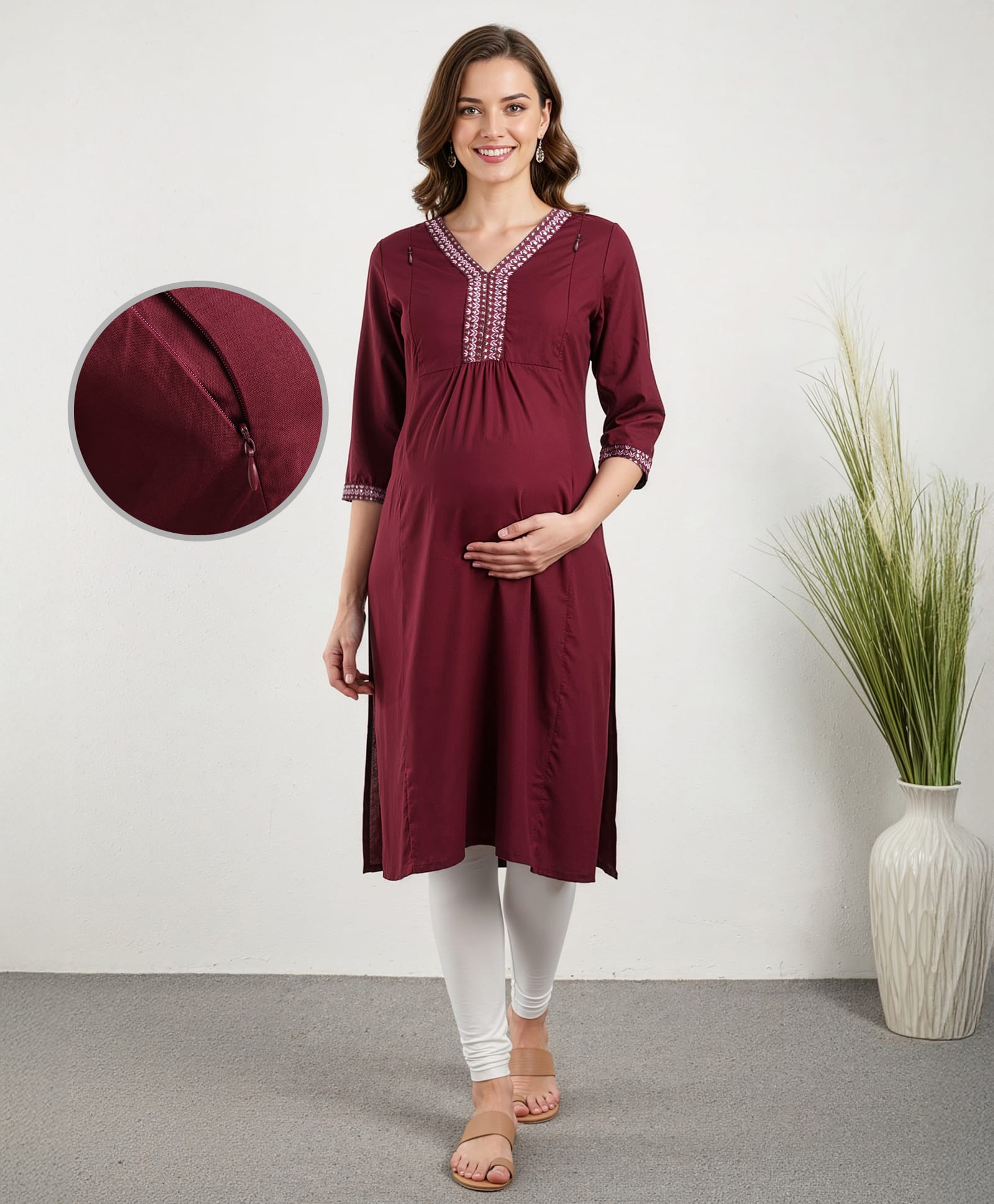 Bella Mama Woven Three Fourth Sleeves With Embroidered Yoke Maternity Suit Set - Maroon-image-32