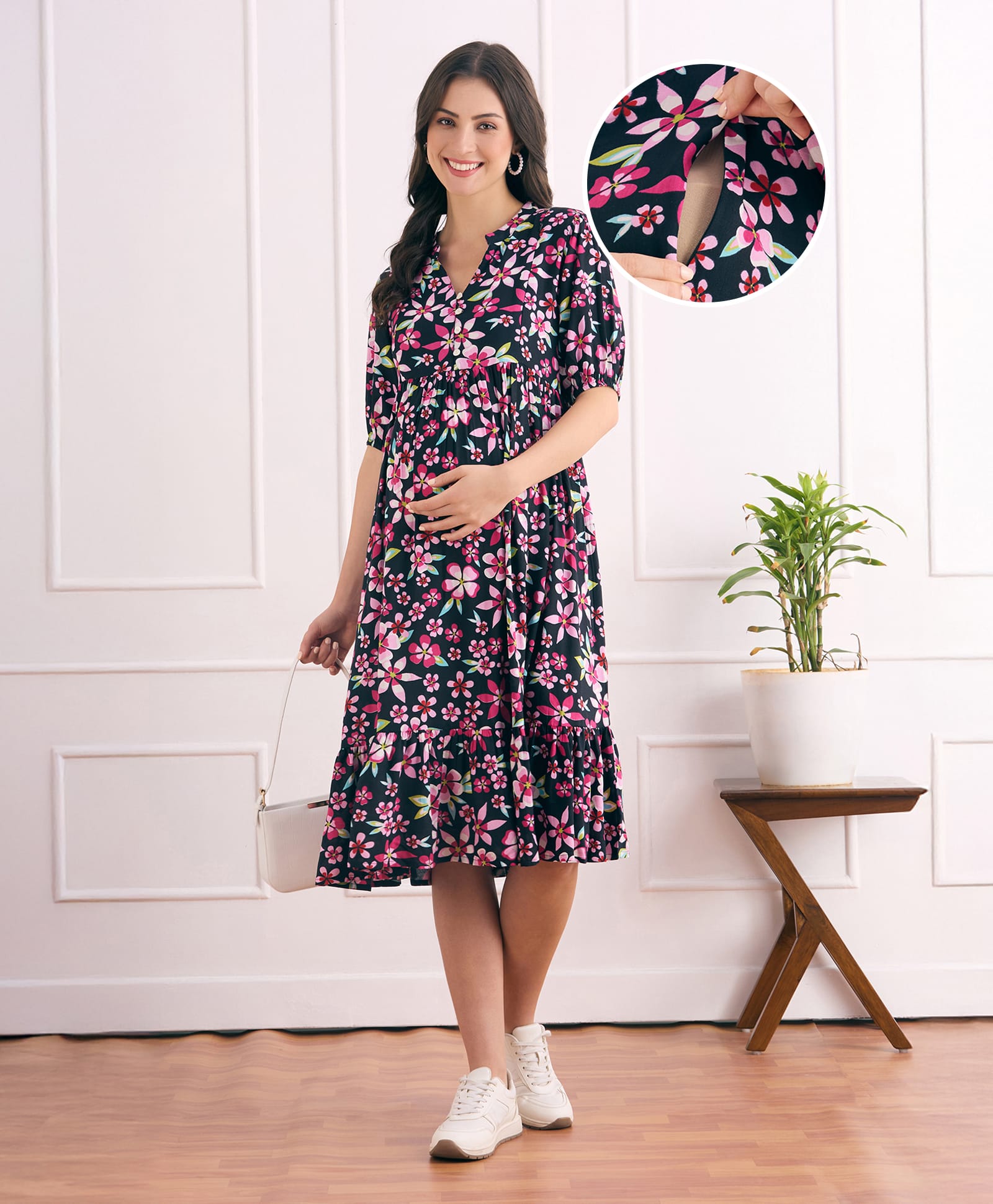 Bella Mama Woven Three Fourth Sleeves Maternity Dress With Floral Print and Pockets - Black
