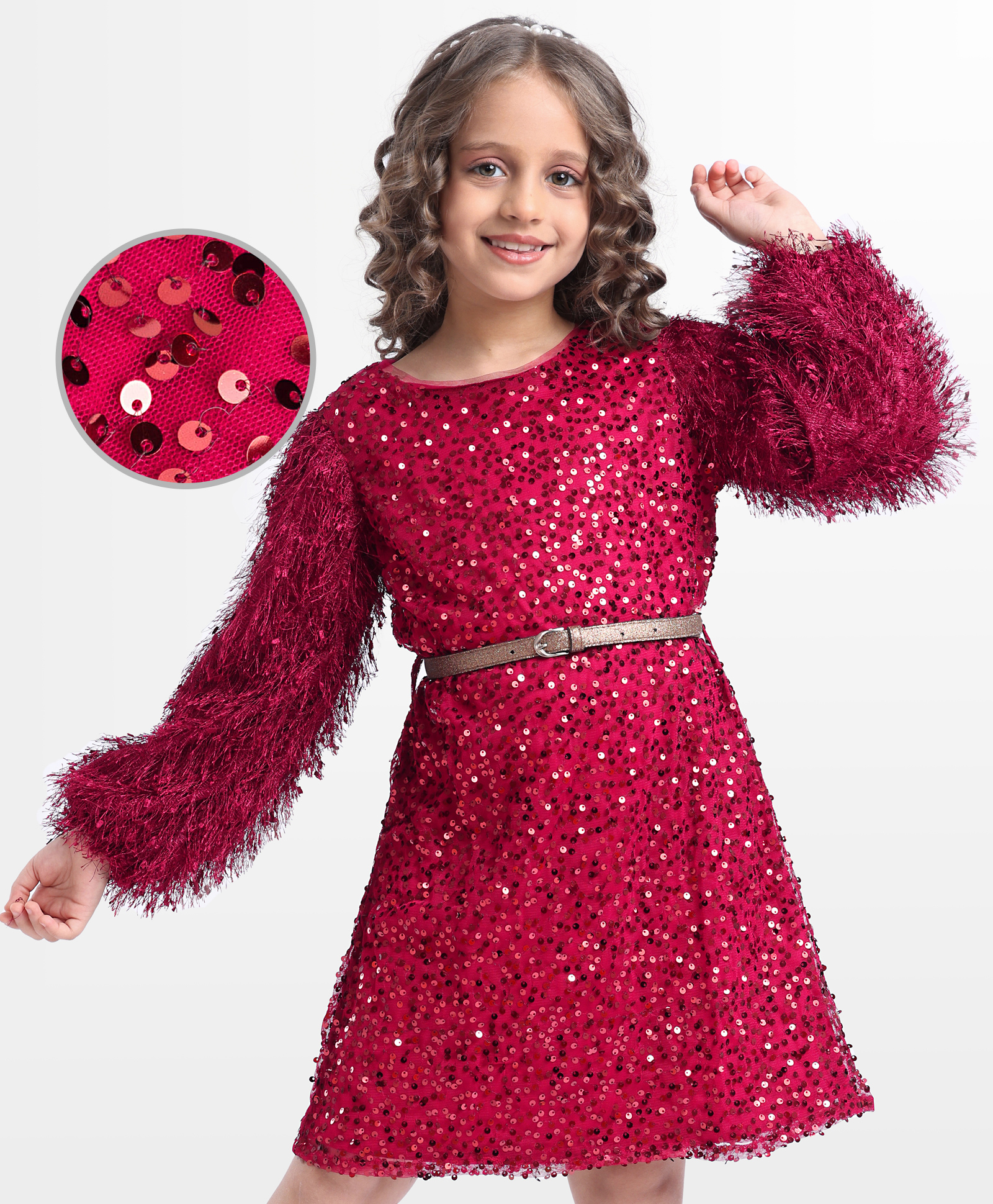 Hola Bonita Knit Full Fur Sleeves Party Dress With Sequin Detailing & Belt - Red-image-35