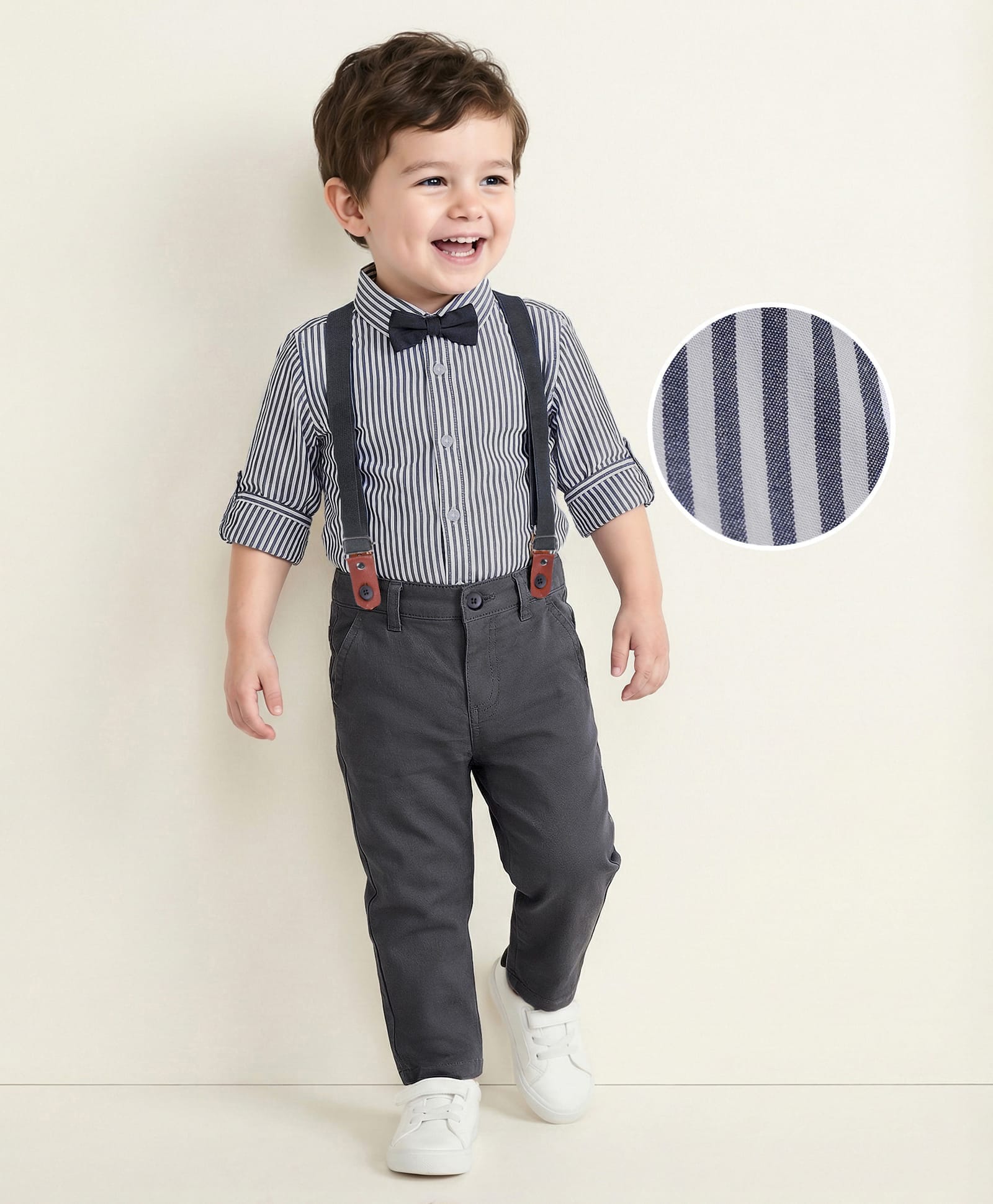 Mark & Mia Woven Full Sleeves Striped Party Shirt & Trouser Set With Bow & Suspender - Blue-picture-13