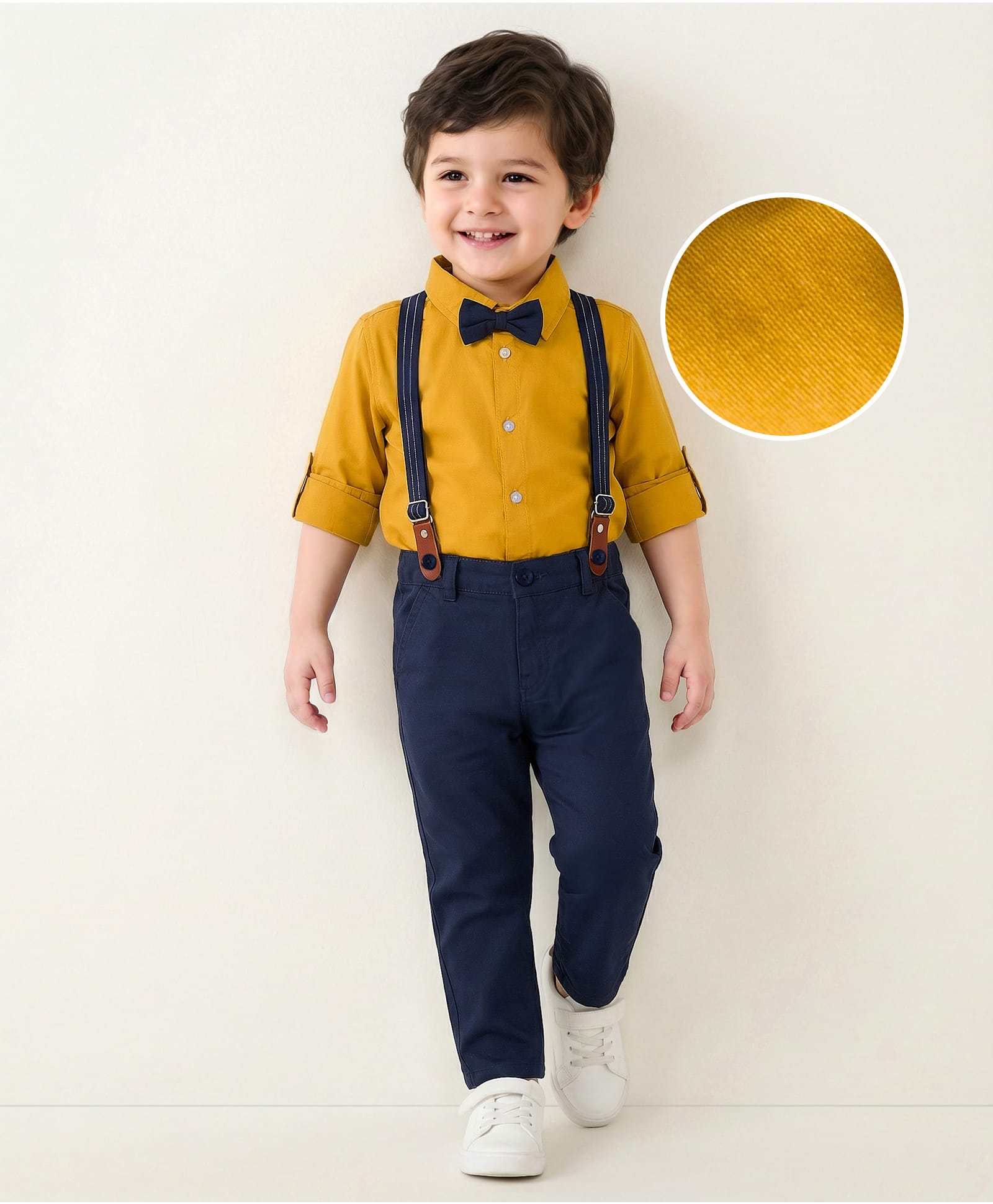 Mark & Mia Woven Full Sleeves Solid Party Shirt & Trouser Set With Bow & Suspender - Mustard-image-21