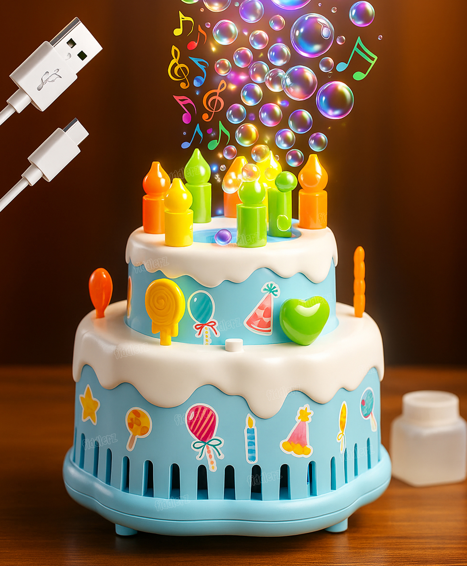 Fiddlerz Bubble Cake Toy for Kids Bubble Machine with Colorful Lights & Stickers Rechargeable Bubble Blower Sings Happy Birthday Song Gift for Boys and Girls Age 3+ Multicolor