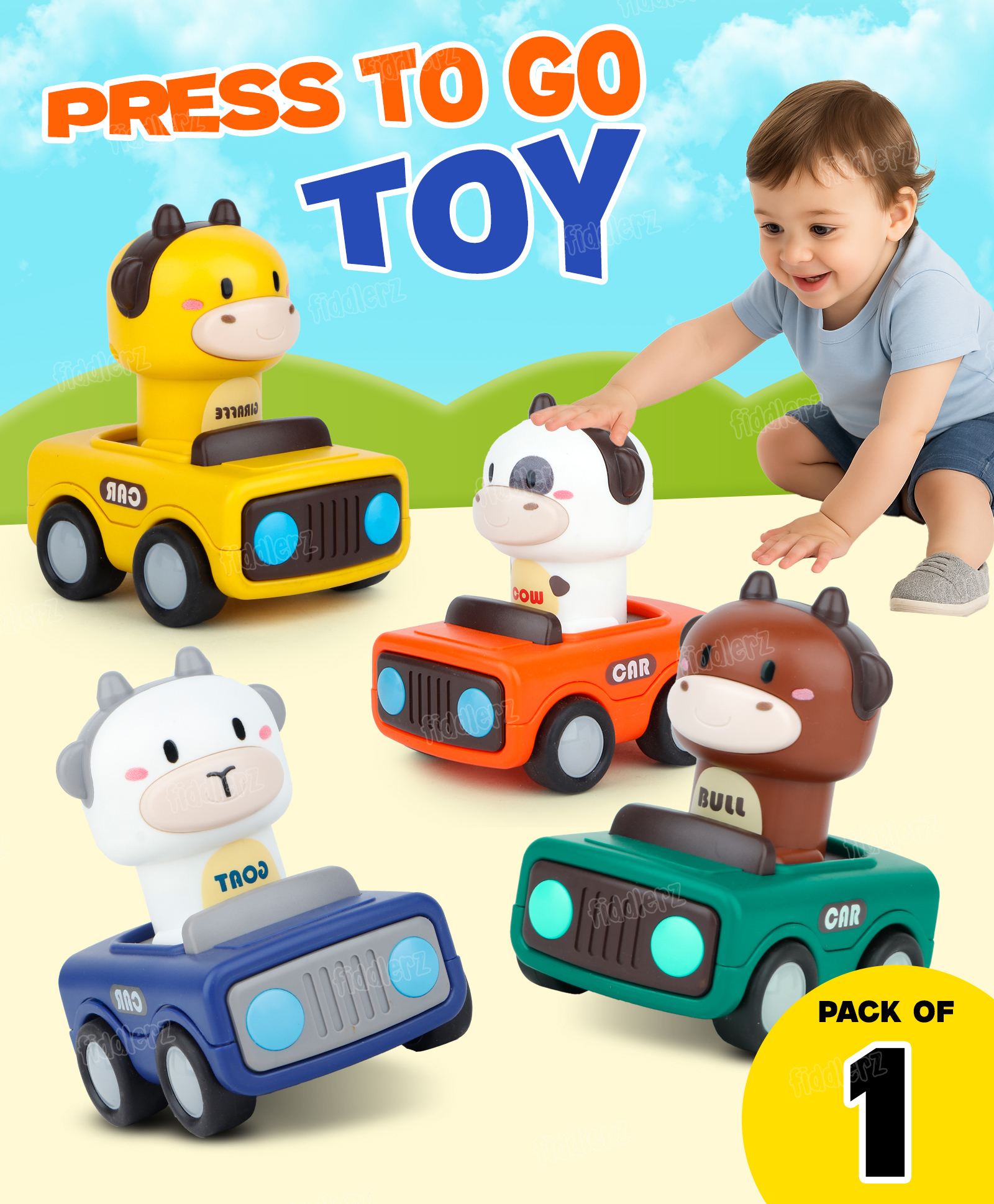 Fiddlerz Press and Go Inertia Car Toy Set for Kids Cartoon Animal Push & Go Cars Friction Powered Vehicles Educational Toys for Boys & Girls Age 3+ Pack of 1-image-43