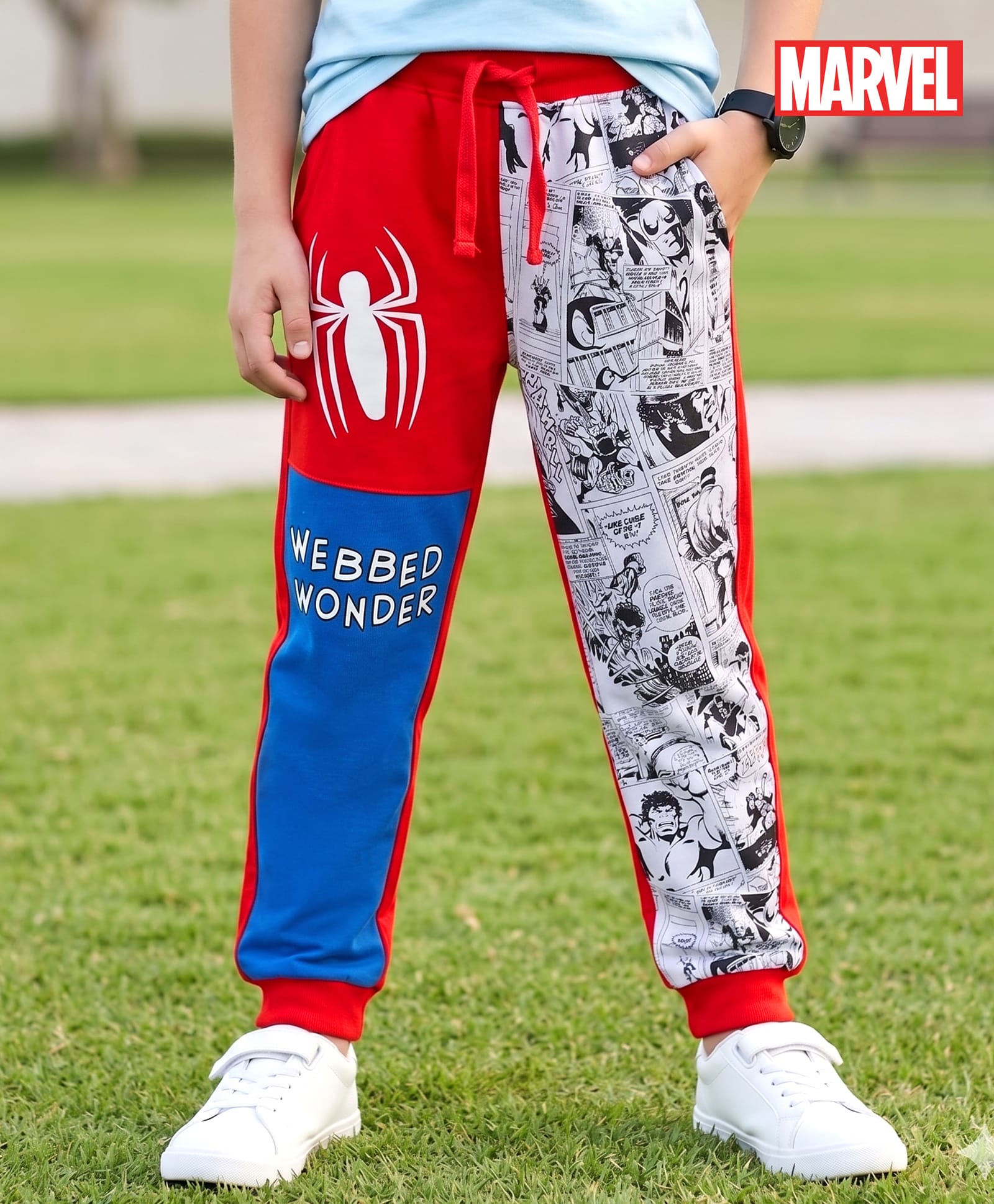 Pine Kids Marvel Terry Knit Full Length Cut and Sew Track Pant with Spider-Man Graphic - Red & Blue-image-8