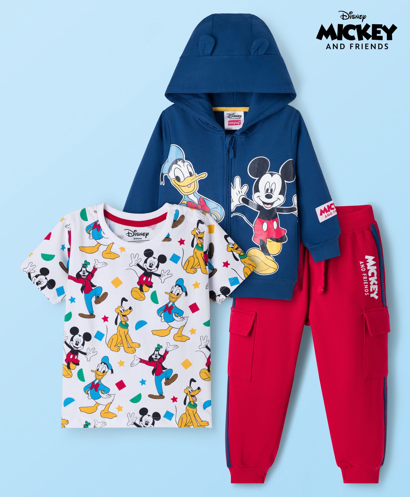 Babyhug Disney Single Jersey Knit Full Sleeves Hooded SweatJacket & Lounge Pant Set with T-Shirt & Mickey Mouse Graphic Pocket Detailing - Multicolor-image-11