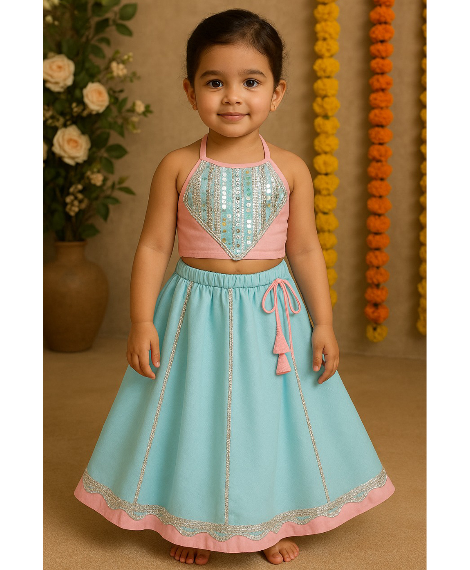 Saka Designs By Sapna Cotton Blend Woven Sleeveless Sequins Embellished Halter Neck Lehenga Choli Set - Aqua Blue & Pink-picture-21