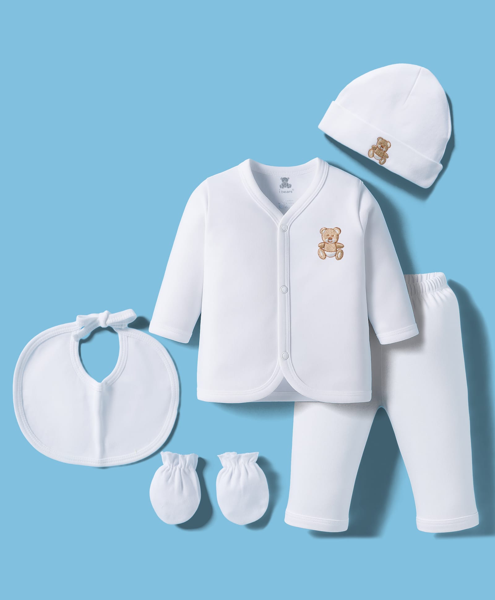 I Bears Interlock Knit Full Sleeves T-Shirt & Pant Set With Cap Mittens & Bib - White-picture-16