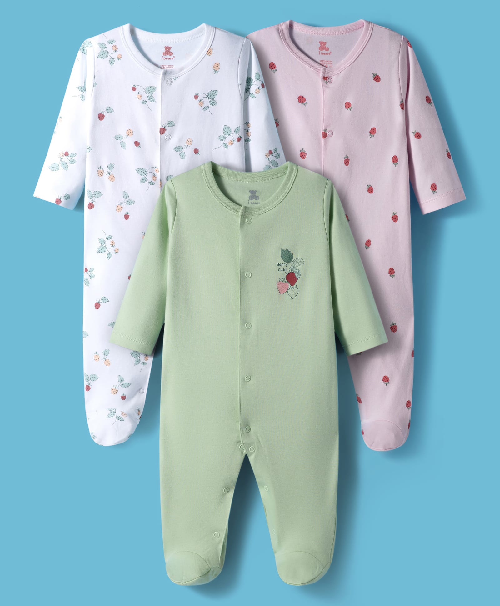 I Bears Interlock Knit Full Sleeves Footed Sleepsuit With Floral Print Pack Of 3 - Olive Green Pink & White-image-45