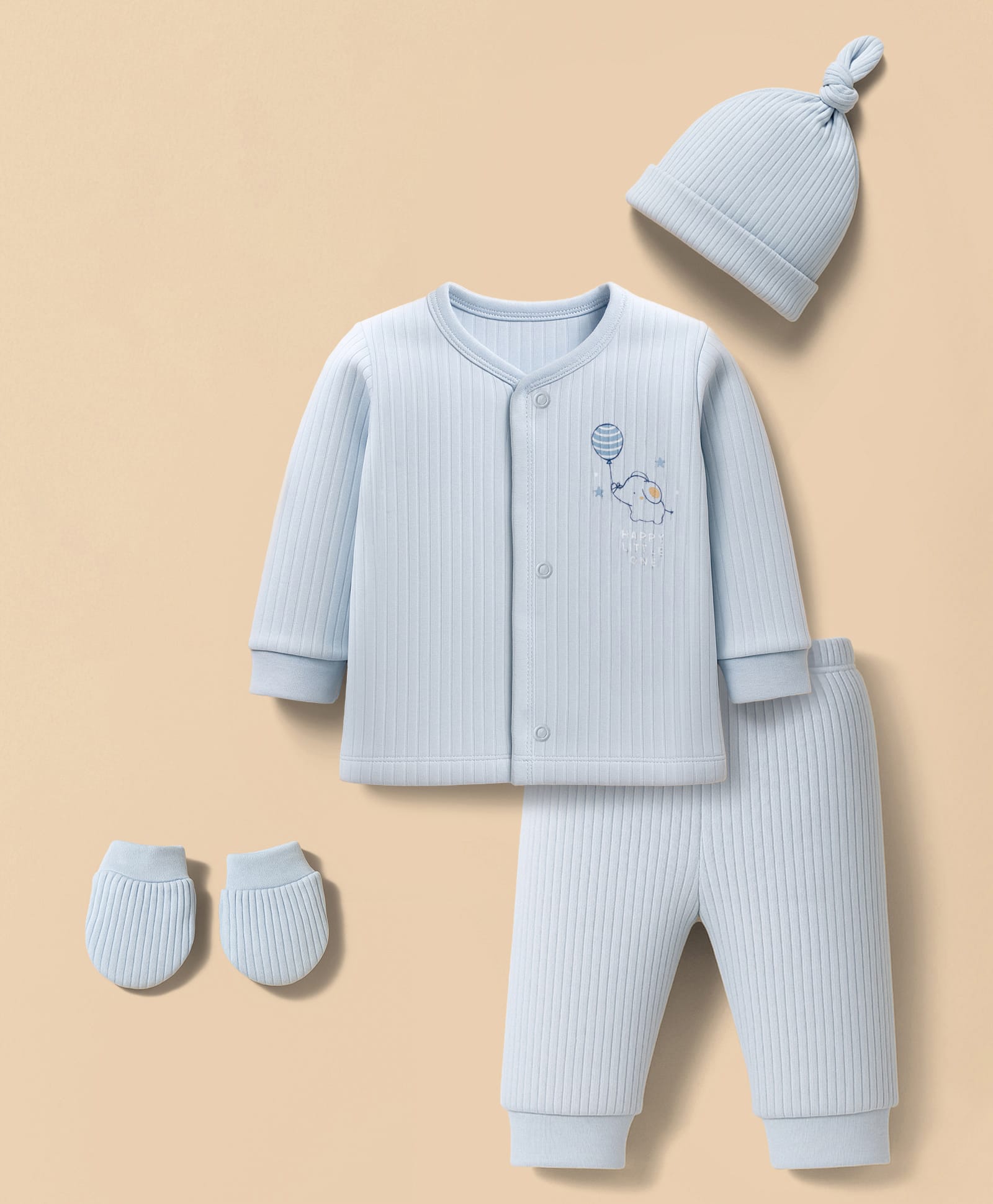 I Bears Interlock Knit Full Sleeves Front Open T-Shirt & Lounge Pant with Cap Mittens & Elephant Print - Light Blue-image-20