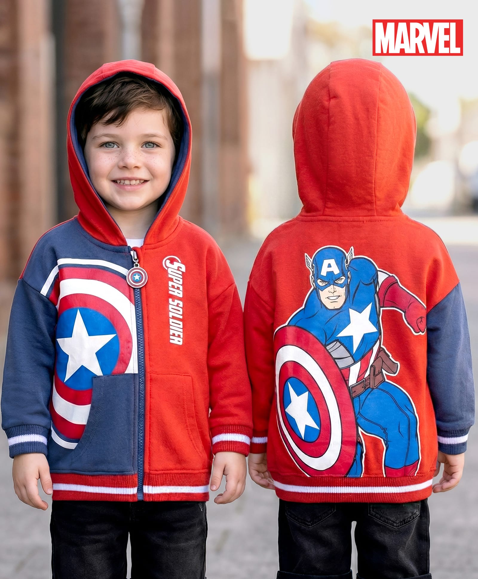 Babyhug Marvel Terry Knit Drop Shoulder Full Sleeves Cut & Sew Hooded Sweatjacket With Front & Back Avengers Foil Print & Kangaroo Pockets - Red & Blue-image-25