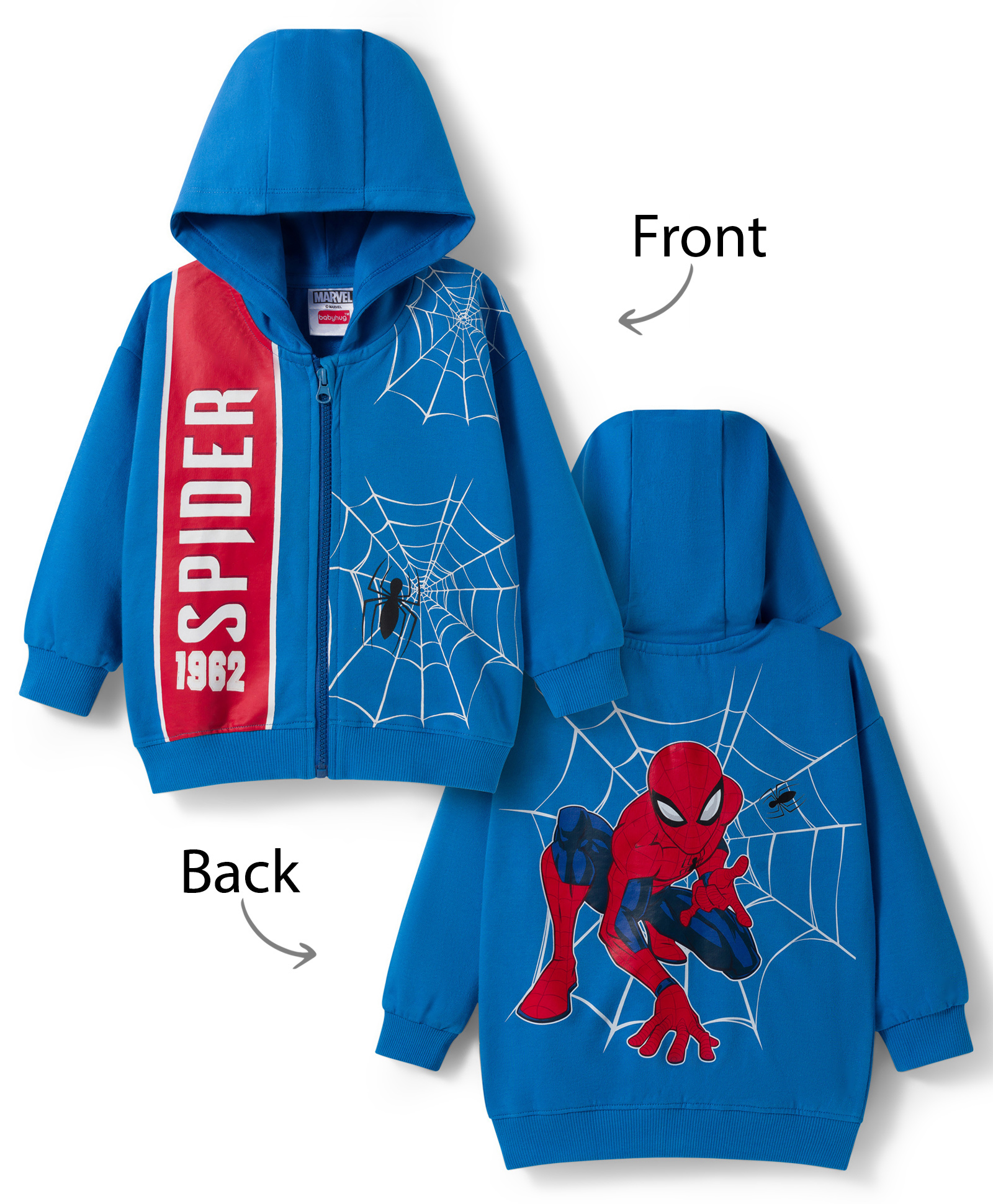 Babyhug Marvel Terry Knit Drop Shoulder Full Sleeves Hooded SweatJacket with Spiderman Front & Back Graphic - Blue-image-32