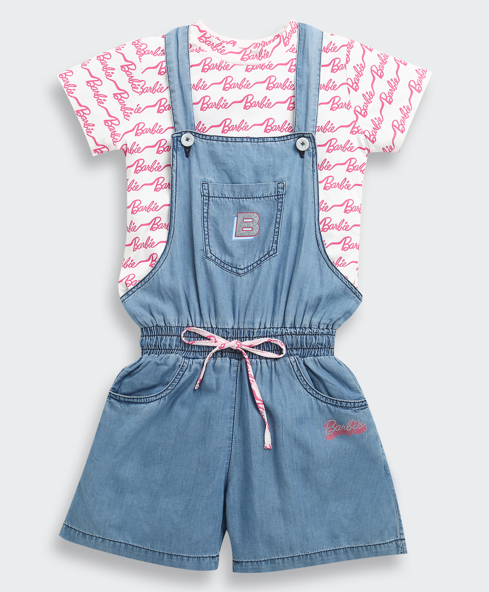 Barbie by Tiny Girl Cotton Woven Typogrpaphy Printed Dungaree With Tee - Dark Blue-picture-34