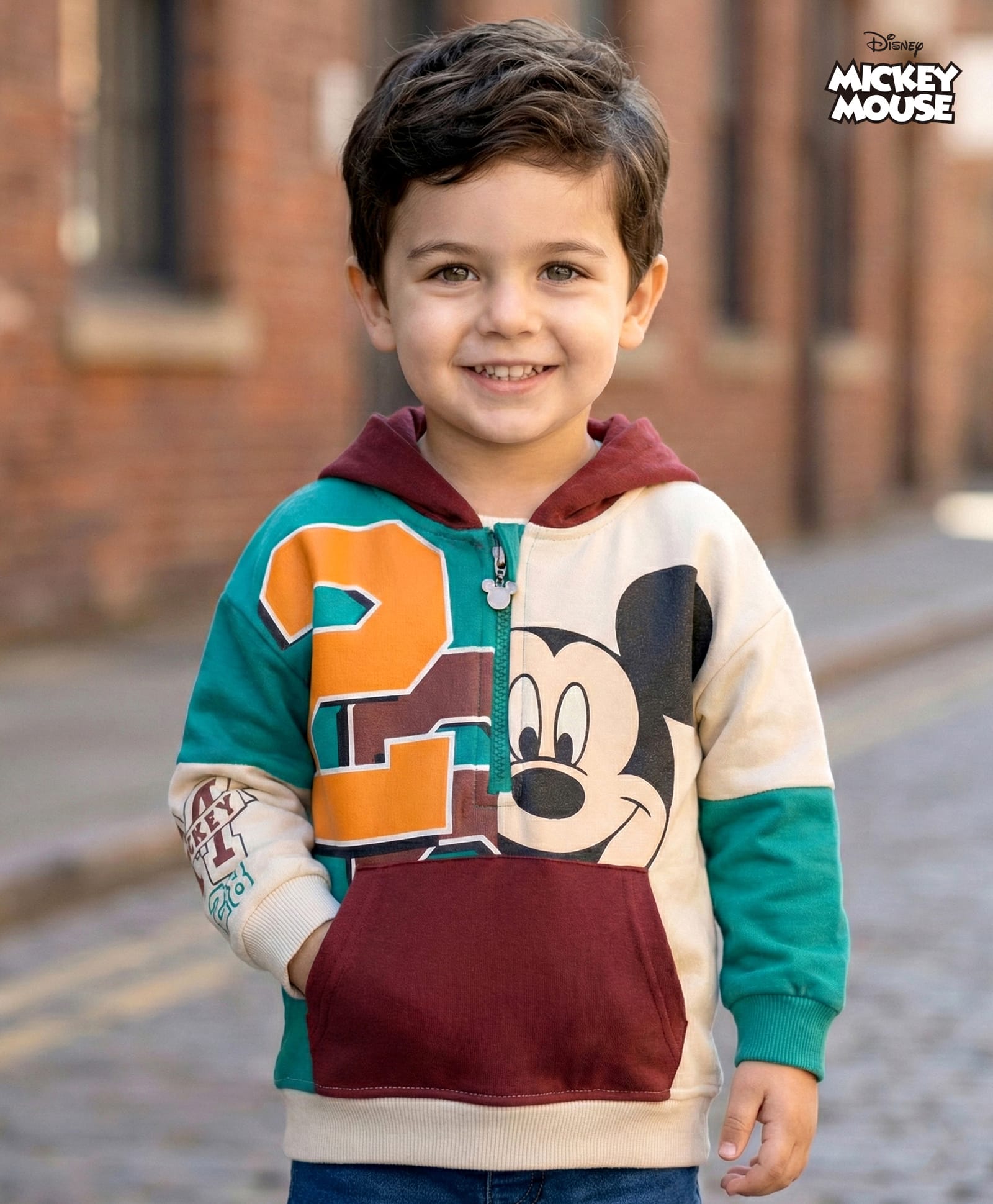 Babyhug Disney Terry Knit Drop Shoulder Full Sleeves Cut & Sew Hooded Sweatshirt With Mickey Mouse Graphics & Kangaroo Pockets - Multicolor-image-28