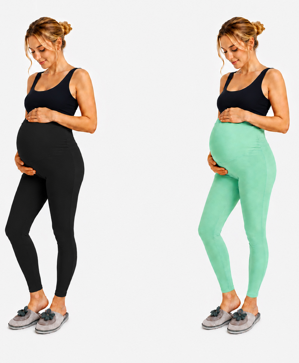TUMMY Viscose Knit Pack Of 2 Solid Active Wear Maternity Leggings - Green & Black-image-47