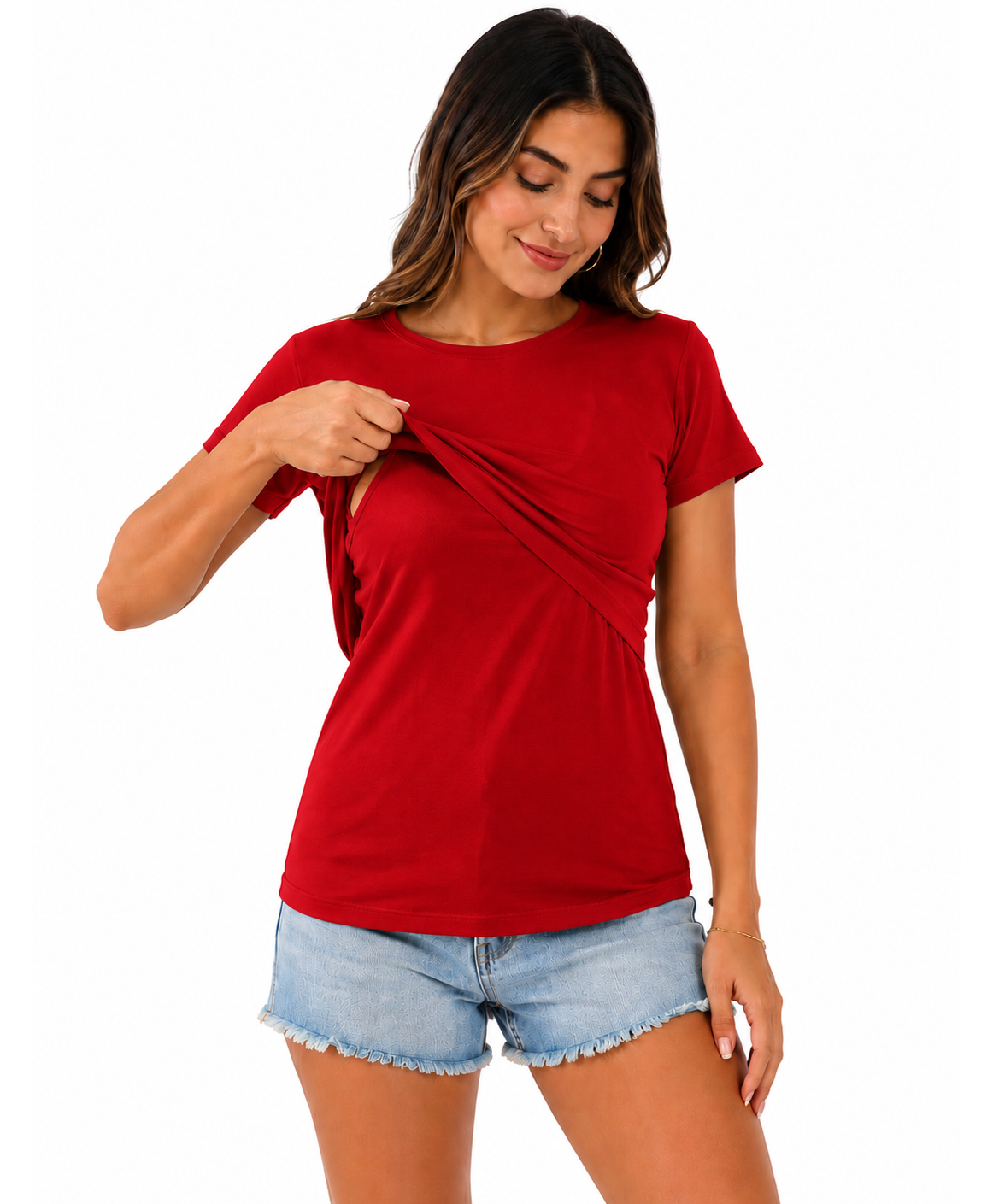 TUMMY Viscose Knit Half Sleeves Solid Maternity Top With Two Layer Lift Nursing Access - Red-picture-15