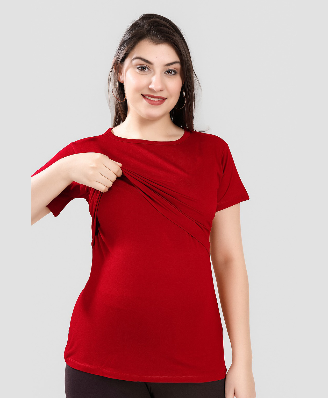 TUMMY Viscose Knit Half Sleeves Solid Maternity Top With Two Layer Lift Nursing Access - Red