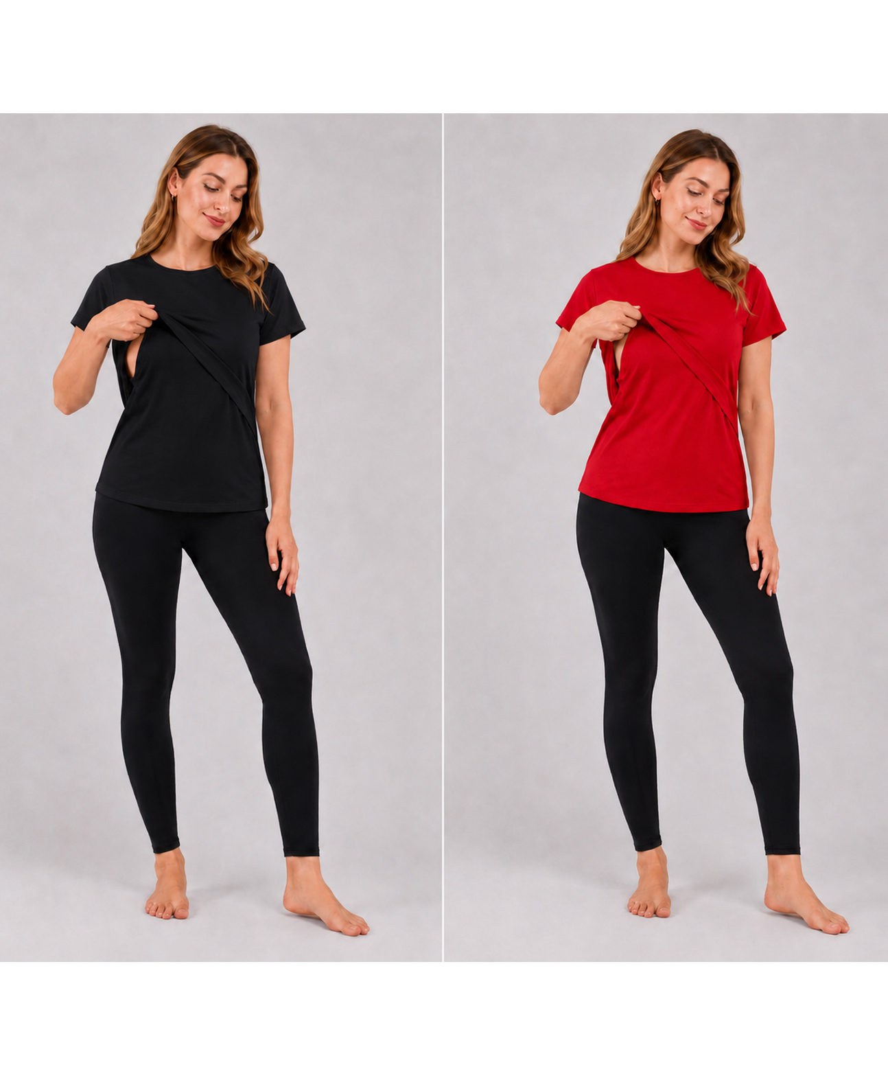 TUMMY Viscose Knit Pack Of 2 Half Sleeves Solid Maternity Tops With Two Layer Lift Nursing Access - Red & Black-picture-18