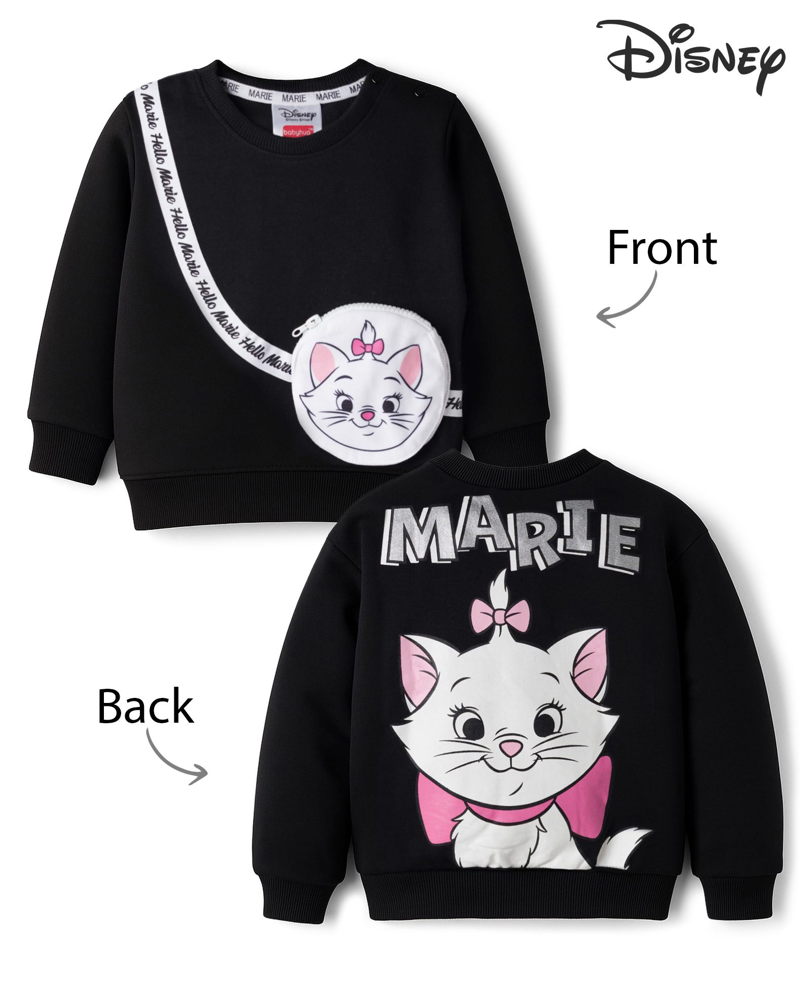 Babyhug Disney Terry Knit Drop Shoulder Full Sleeves Sweatshirt with Marie Graphic with Foil Print & Bag Detailing - Black-image-34