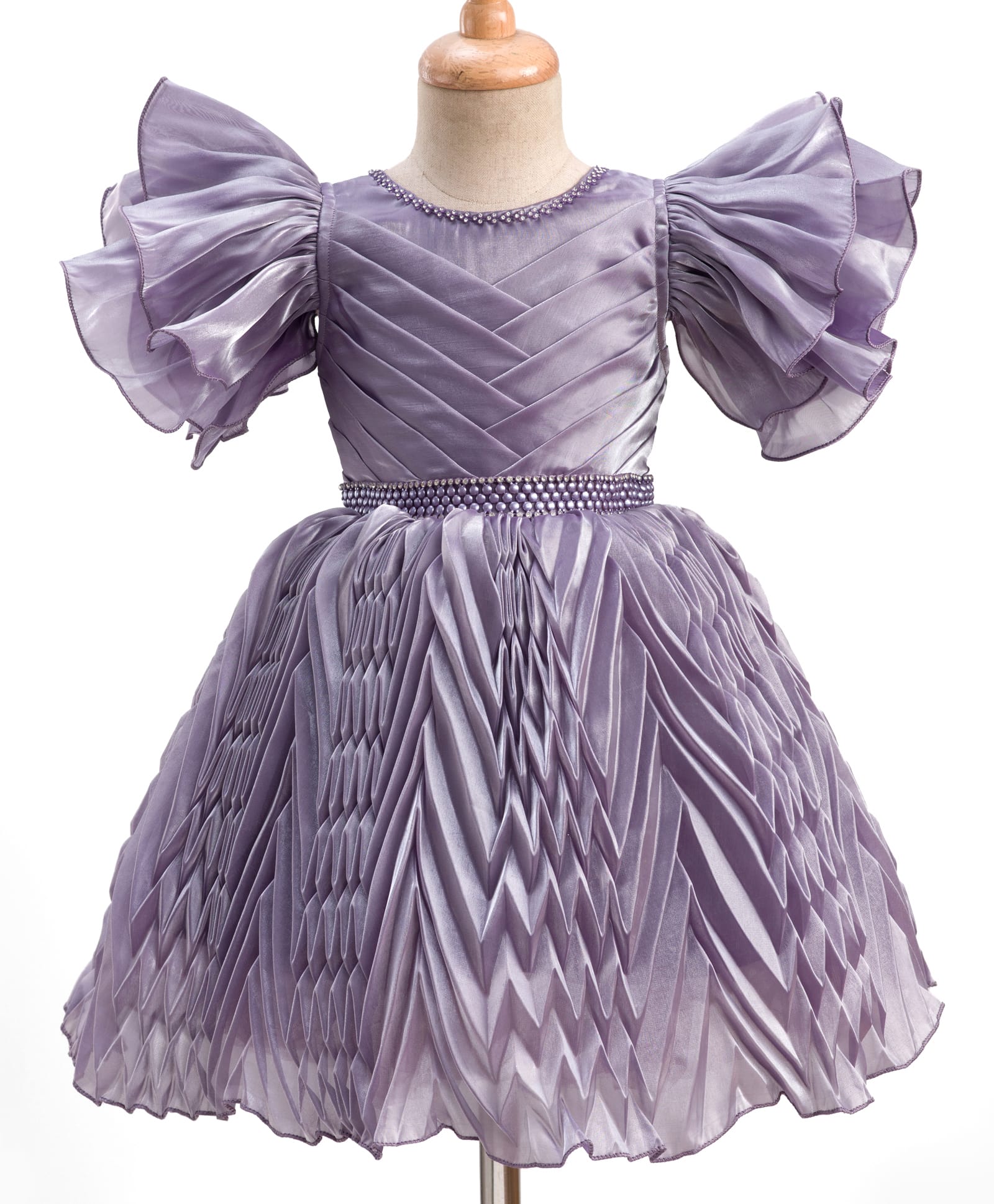 Blabber Half Flutter Sleeves Pearls & Stone Embellished Pleated Knee Length Dress - Grey-image-14