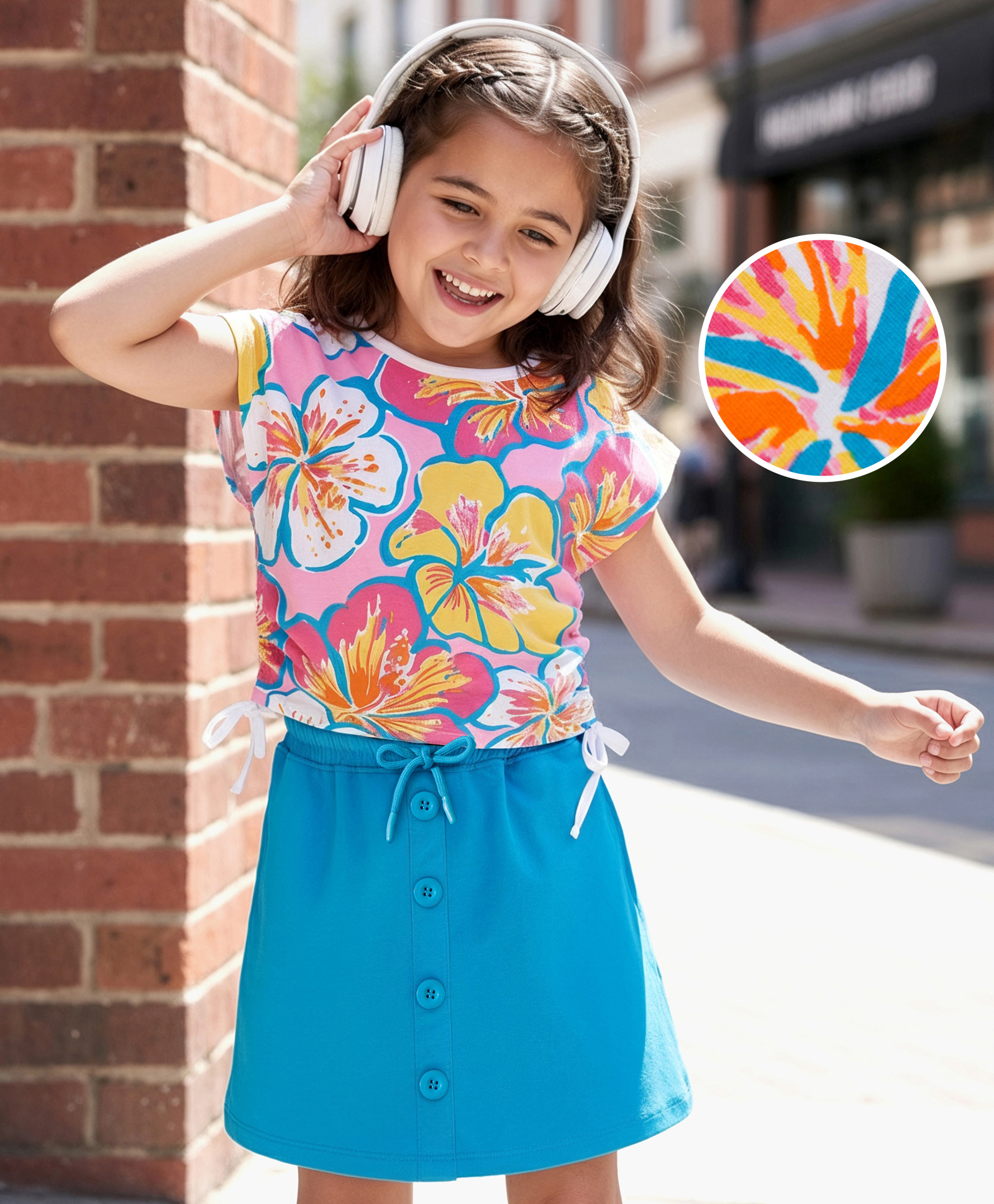 OLLINGTON ST. Cotton Knit Half Sleeves Top & Knit Skirt Set with Floral Print - Pink & Light Blue-picture-21