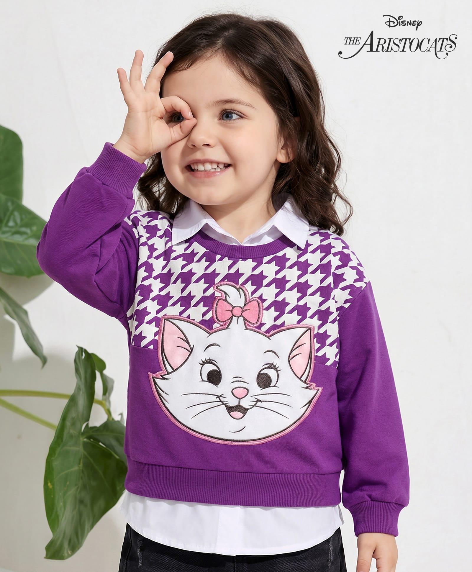 Babyhug Disney Terry Knit Full Sleeves Drop Shoulder Sweatshirt with Attached Inner Shirt & Marie Graphics - Purple