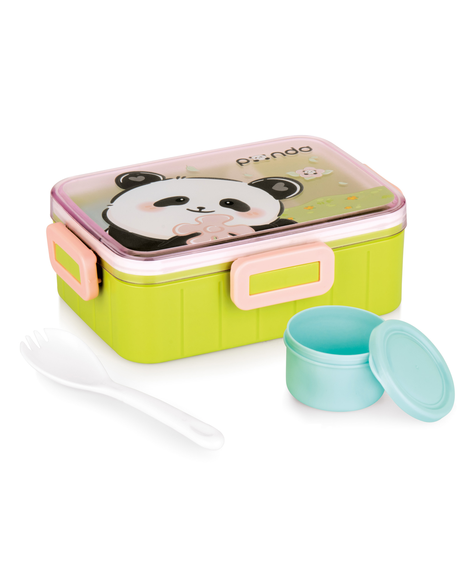 ATTRO Quick 2 Panda Theme Kids Plastic Lunch Box with 2 Compartments 1 Small Container & Baby Spoon - Parrot Green-picture-24