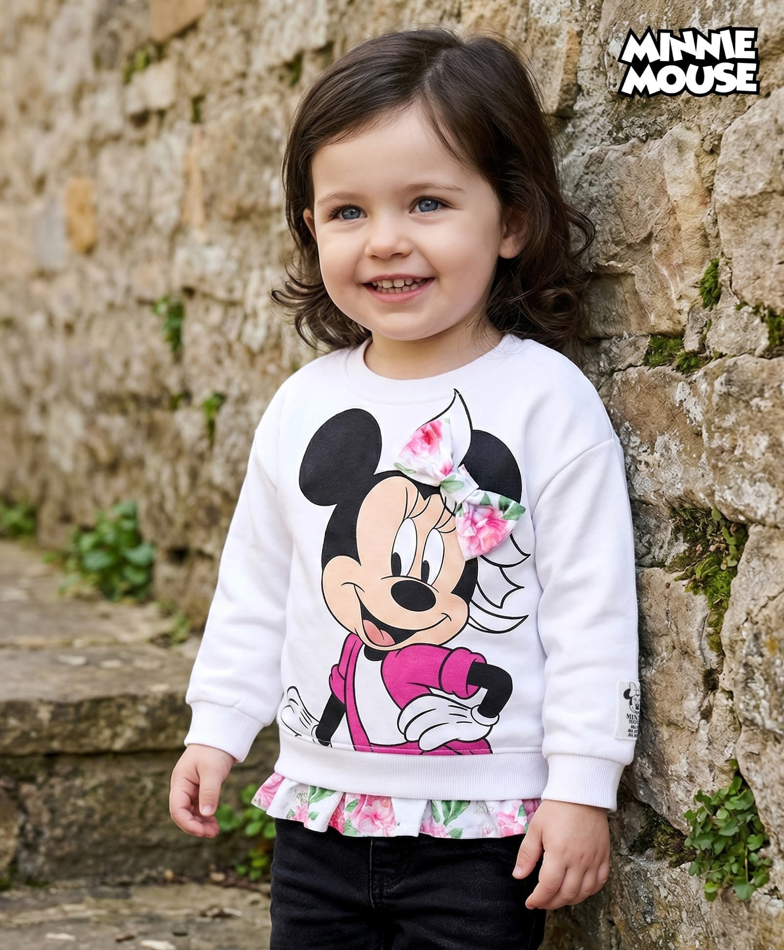 Babyhug Disney Terry Knit Full Sleeves Drop Shoulder Sweatshirt with Minnie Mouse Graphics Frill & Badge Detailing - White-picture-28