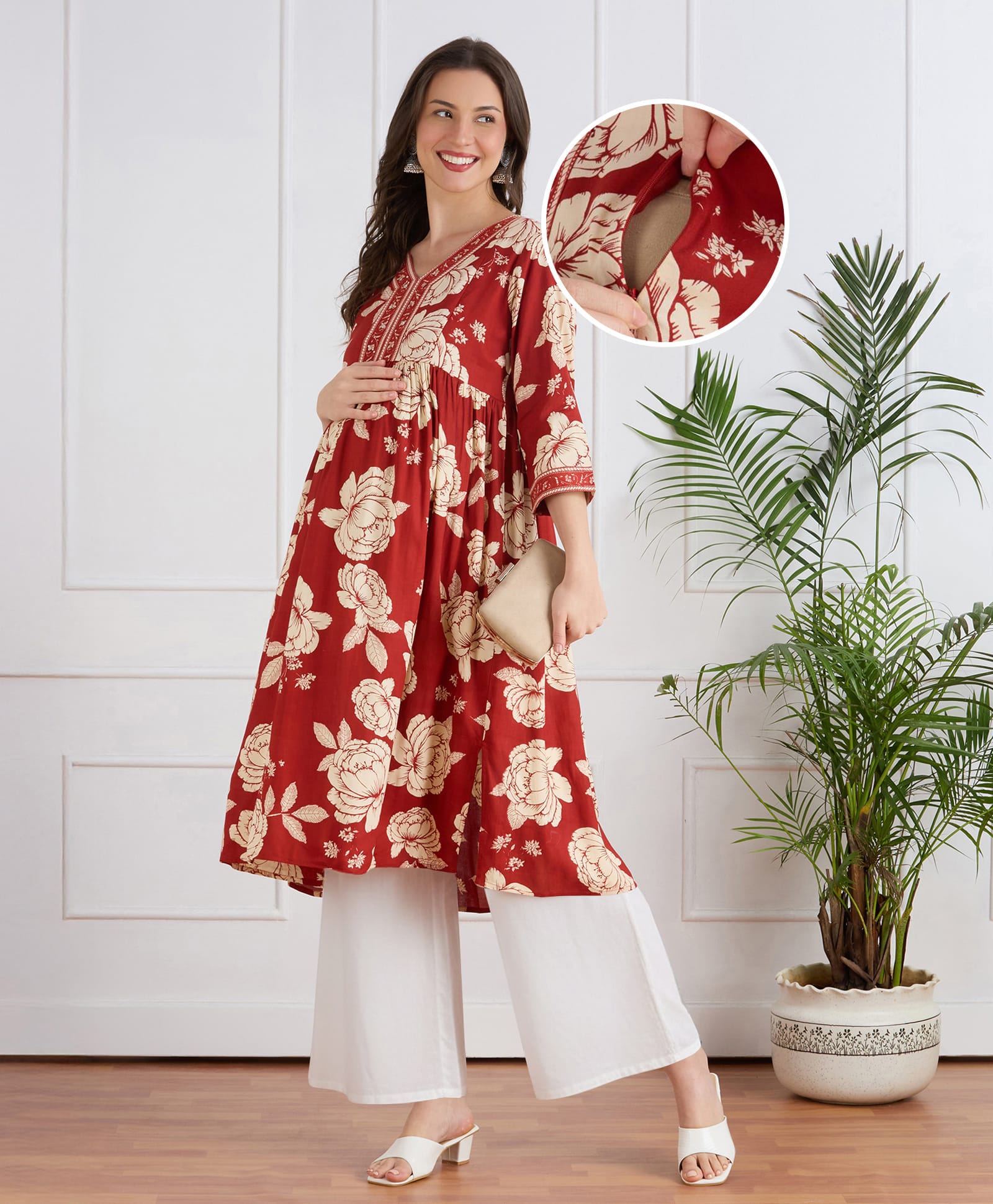 Bella Mama Woven Three Fourth Sleeves Embroidered Yoke & Floral Printed Maternity Suit Set - Rust Orange & White