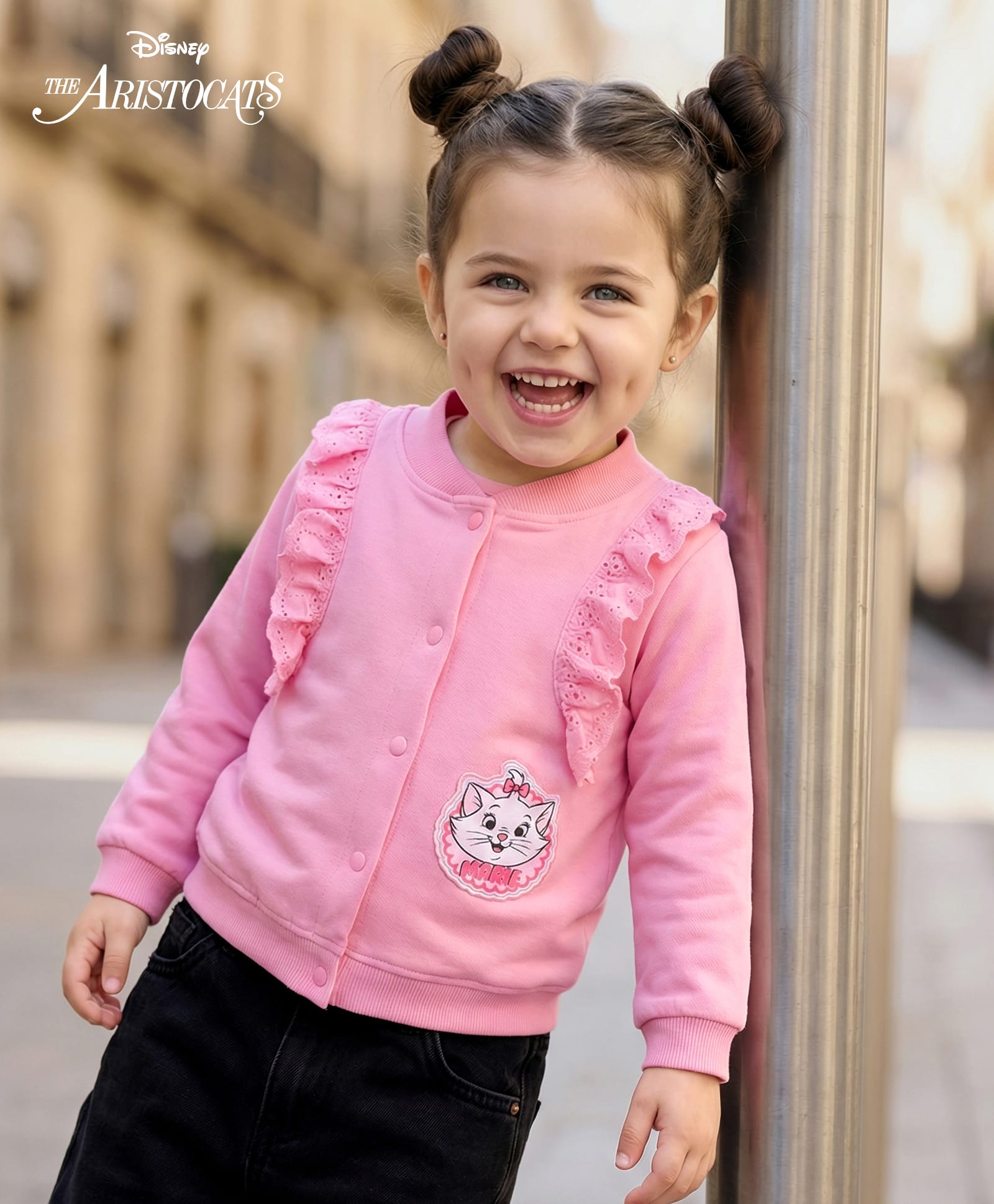 Babyhug Disney Terry Knit Full Frill Sleeves Sweatjacket With Marie Badge Detailing - Pink