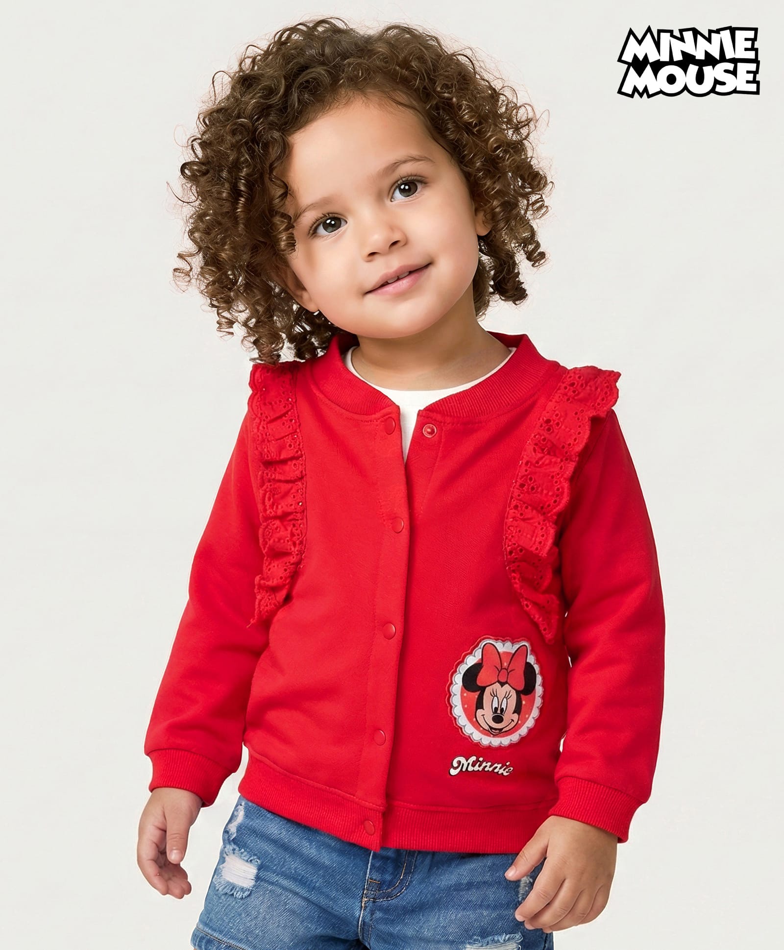 Babyhug Disney Terry Knit Full Sleeves Sweatshirt With Minnie Mouse Badge Detailing and Frill Detailing - Red