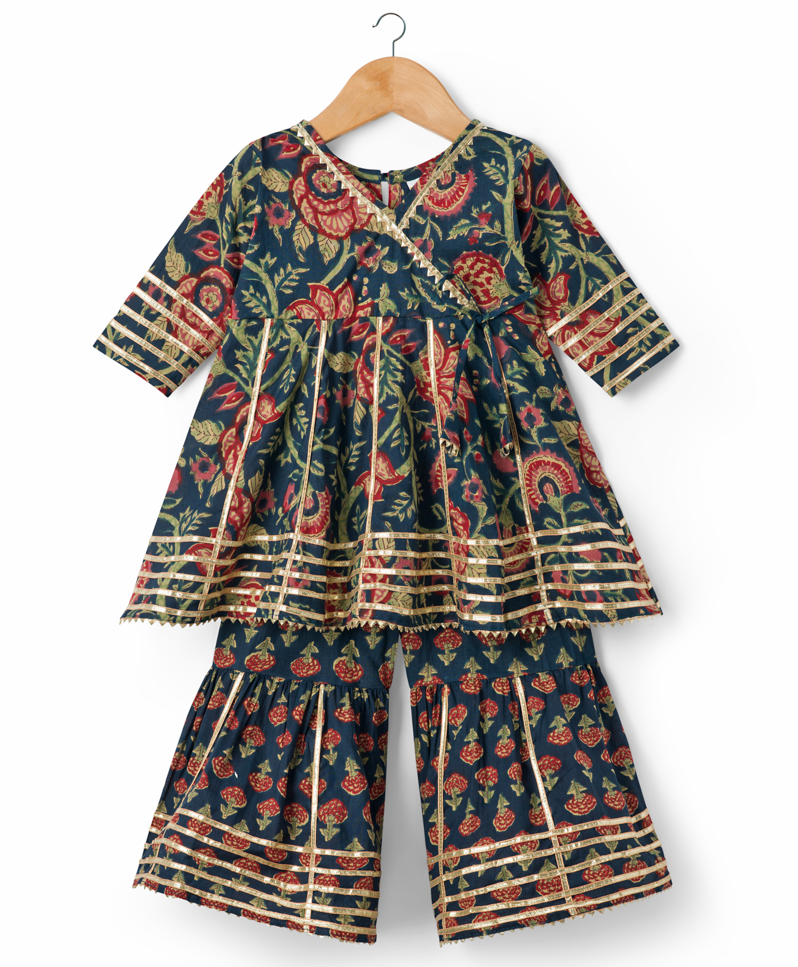 TEENTAARE Cotton Woven Three Fourth Sleeves Kurta Gharara Set With Floral Print - Navy Blue-image-7