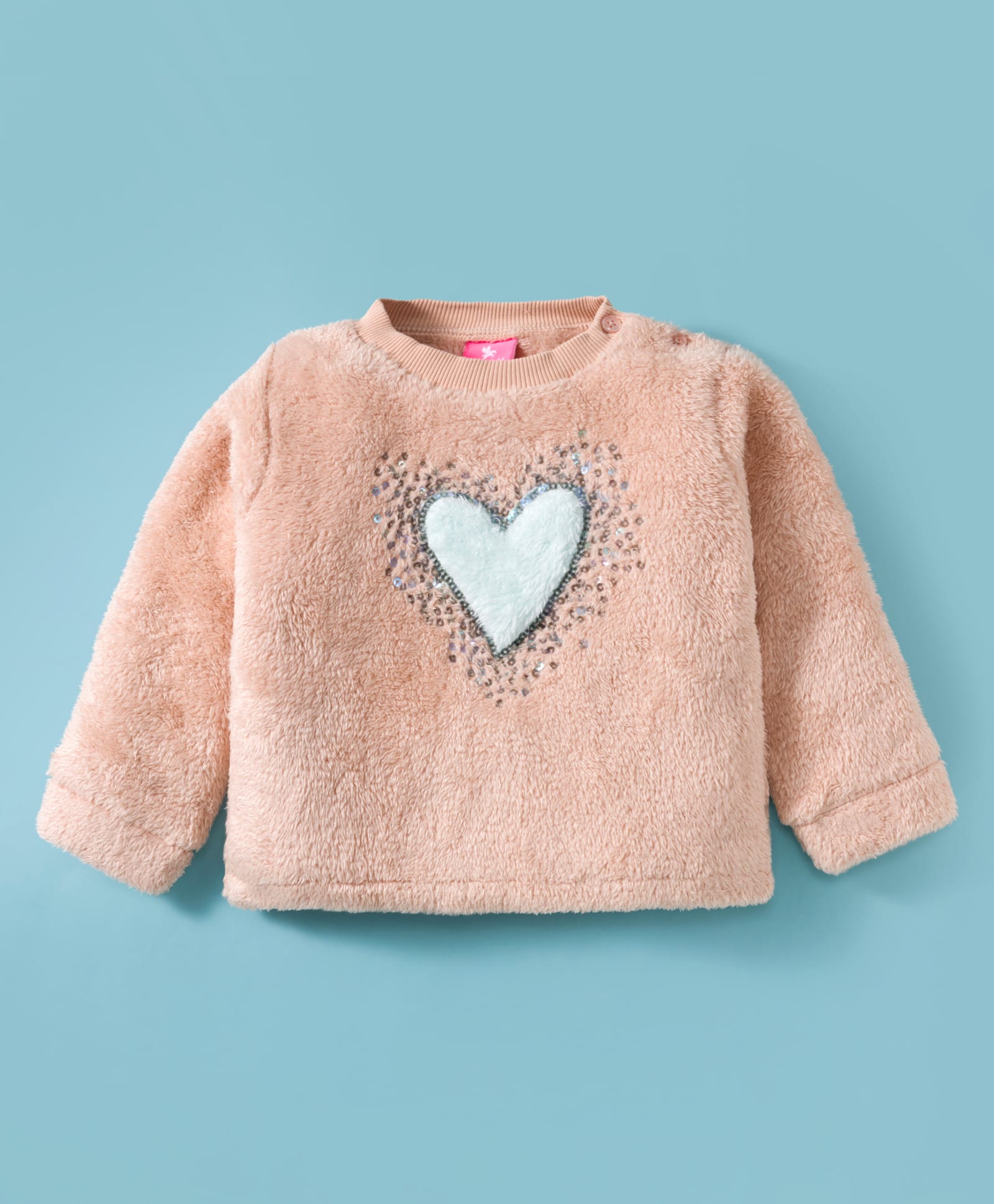 Wingsfield Full Sleeves Heart Design Fur Detailed Sequins Embellished Light Winter Sweatshirt - Sand-image-2
