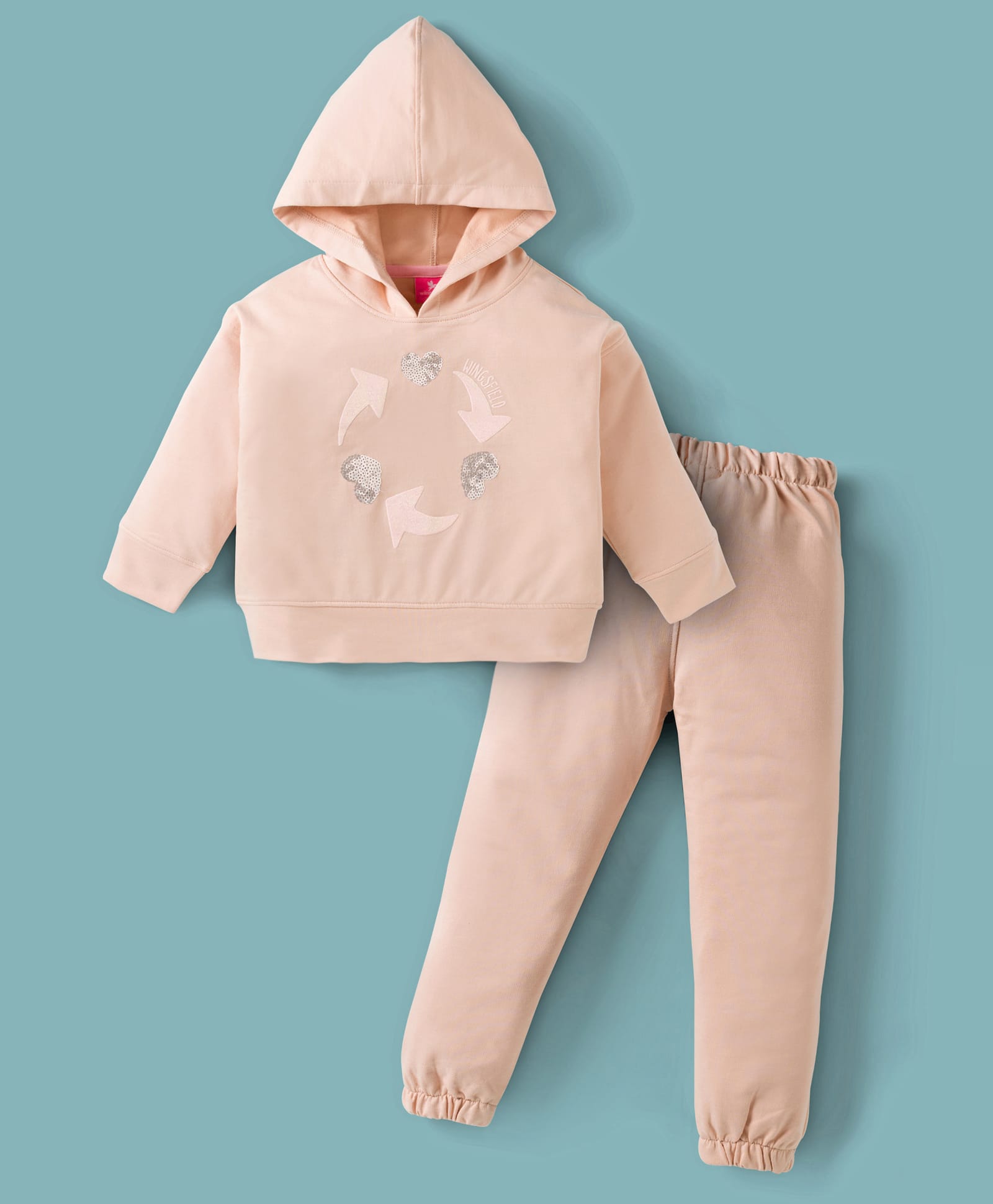 Wingsfield Full Sleeves Sequins Embellished Heart Designed Light Winter Hooded Sweatshirt & Joggers Set - Beige-image-45