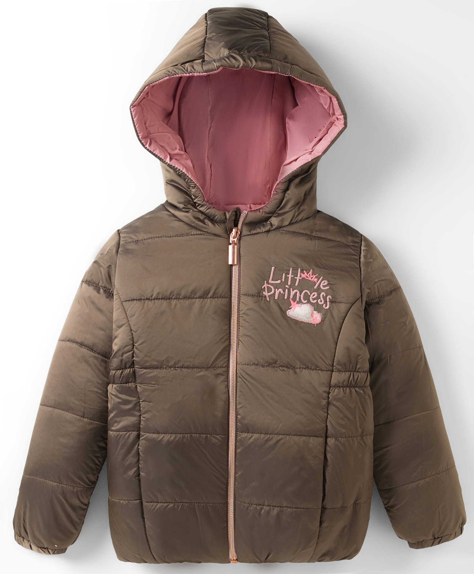 Wingsfield Full Sleeves Little Princess Text Printed Padded Light Winter Hooded Jacket - Brown-picture-18