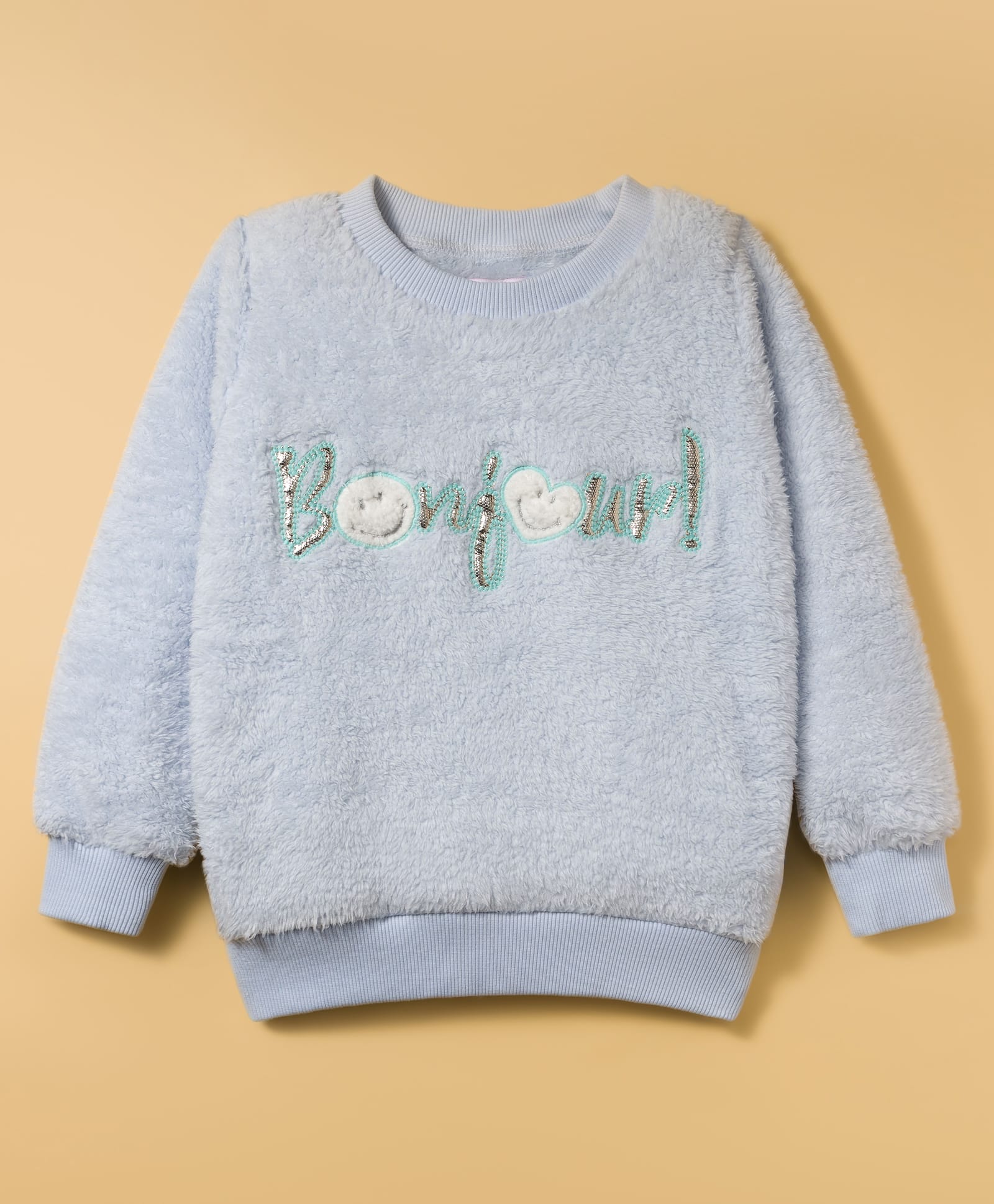 Wingsfield Full Sleeves Bonjour Text Foil Printed Heart Applique Detailed Light Winter Sweatshirt - Sky Blue-picture-26