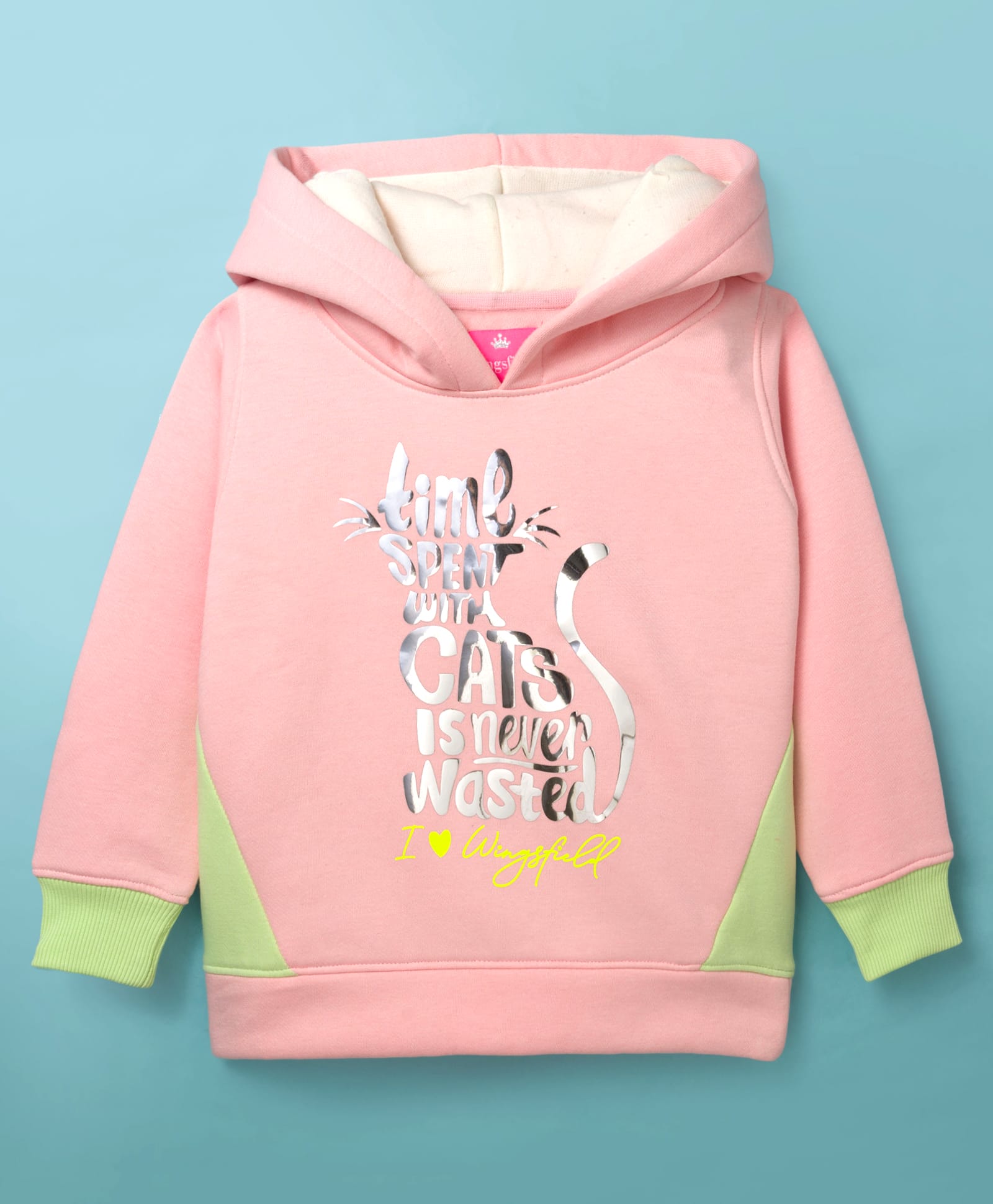 Wingsfield Full Sleeves Time Spent With Cats Is Never Wasted Text Foil Printed Hooded Light Winter Sweatshirt - Pink-picture-26