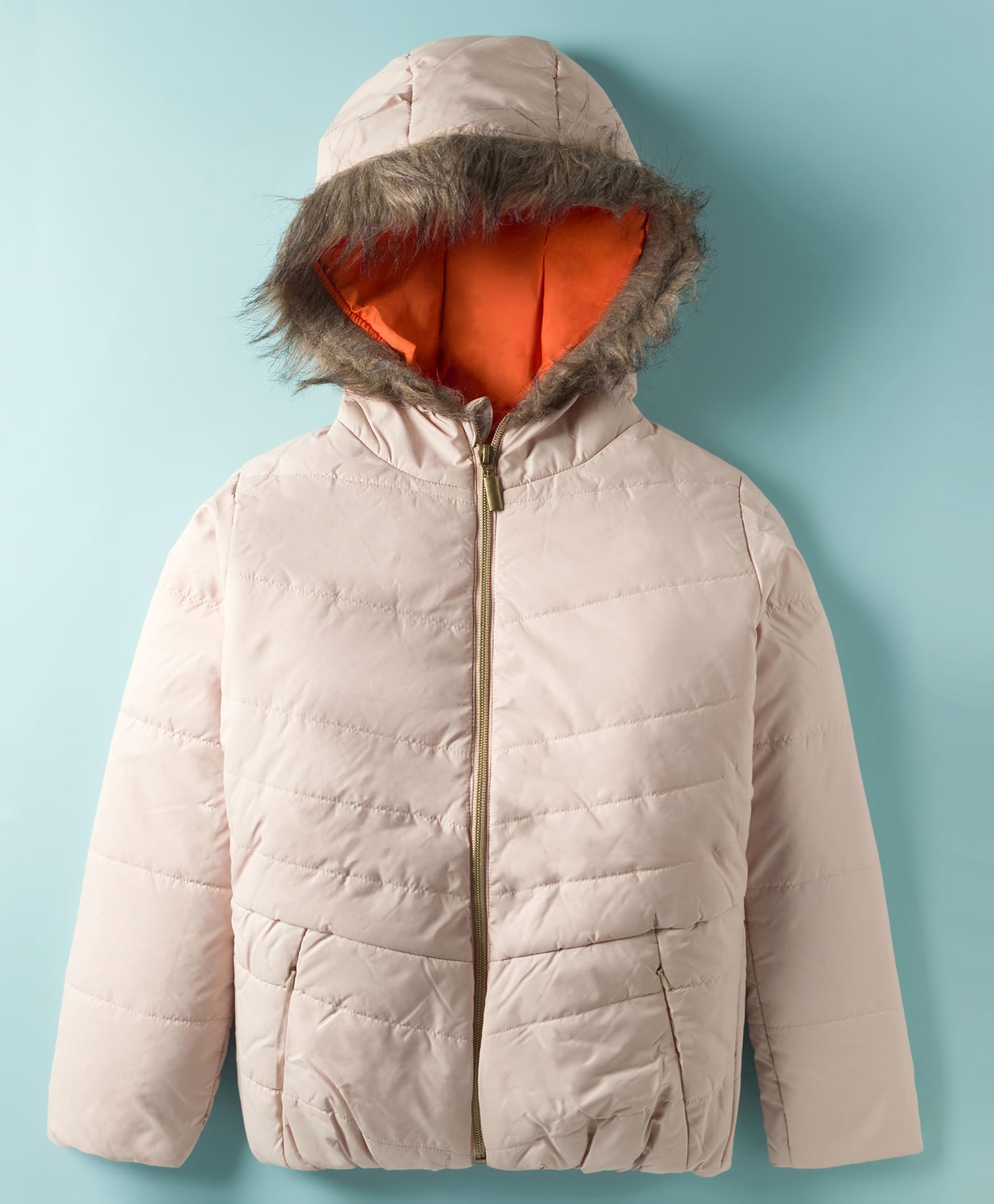Wingsfield Full Sleeves Fur Detailed Padded Light Winter Hooded Jacket - Beige-image-8