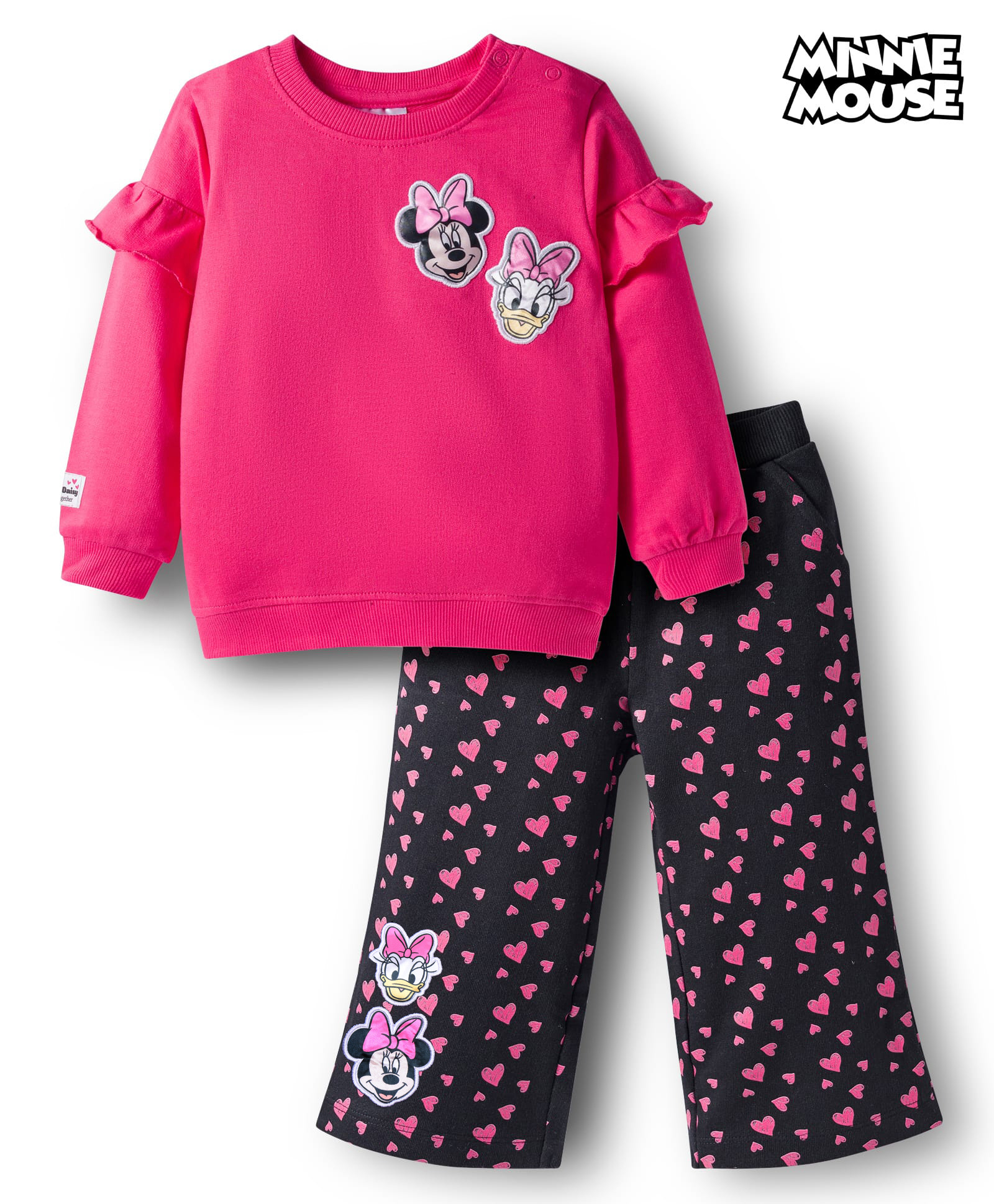 Babyhug Disney Terry Knit Drop Shoulder Sleeves Sweatshirt & Trackpant Set with Minnie & Friends Graphics & Frills & Badge Detailing - Dark Pink & Black-picture-10