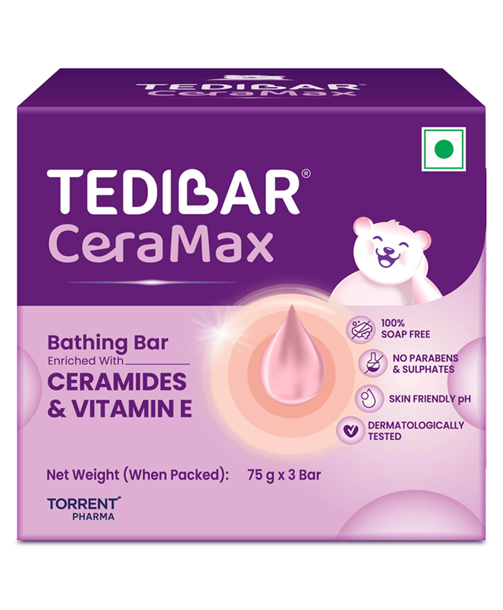Torrent Pharma Tedibar Ceramax Bathing Bar | Enriched with Ceramides & Vitamin E | 100% Soap Free | Skin friendly pH Pack of 3 - 75 g Each