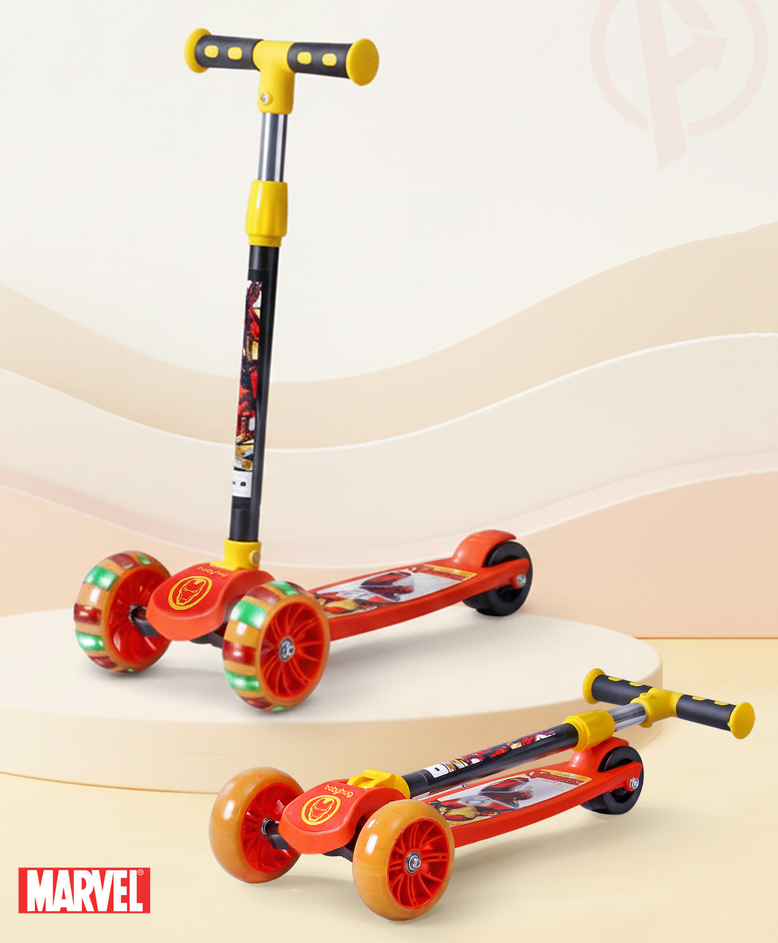 Babyhug Marvel Avengers Iron Man Kids 3 Wheel Scooter with Attractive Led Wheels- Red| Compact Fold| Lean-to-Steer| Toy for 3 to 14 years Boys & Girls| Gifting Option| Physical Activity| 50kg Capacity