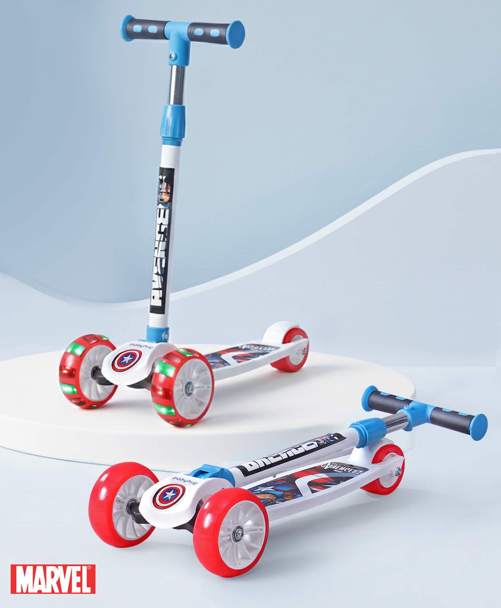 Babyhug Marvel Avengers Captain America Kids 3 Wheel Scooter with Smart Led Wheels- White| Compact Fold| Lean-to-Steer| Toy for 3 to 14 years Boys & Girls| Activity Gifting Option| 50kg Capacity