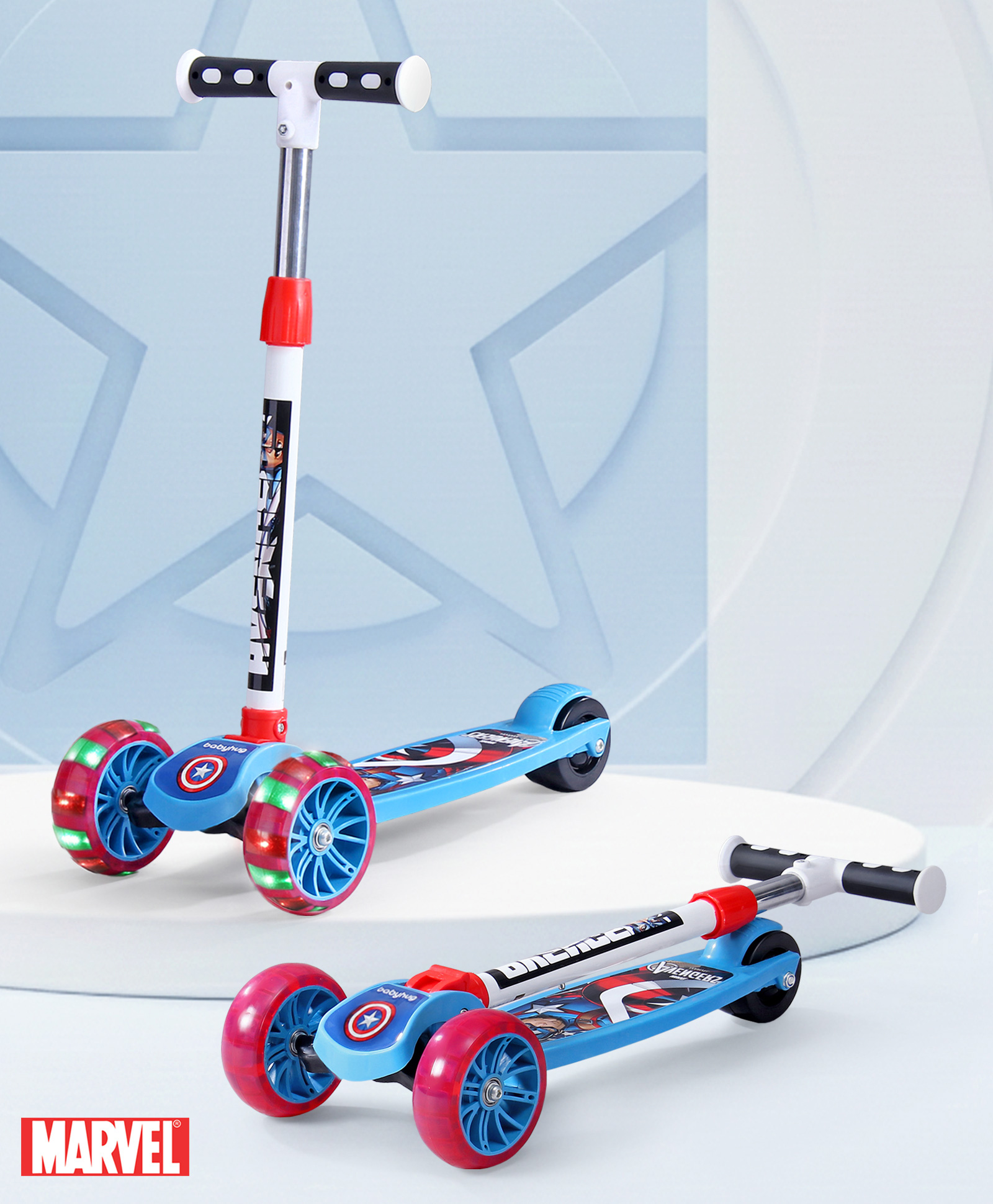 Babyhug Marvel Avengers Captain America Kids 3 Wheel Scooter with Smart Led Wheels- Blue| Compact Fold| Lean-to-Steer| Toy for 3 to 14 years Boys & Girls| Activity Gifting Option| 50kg Capacity