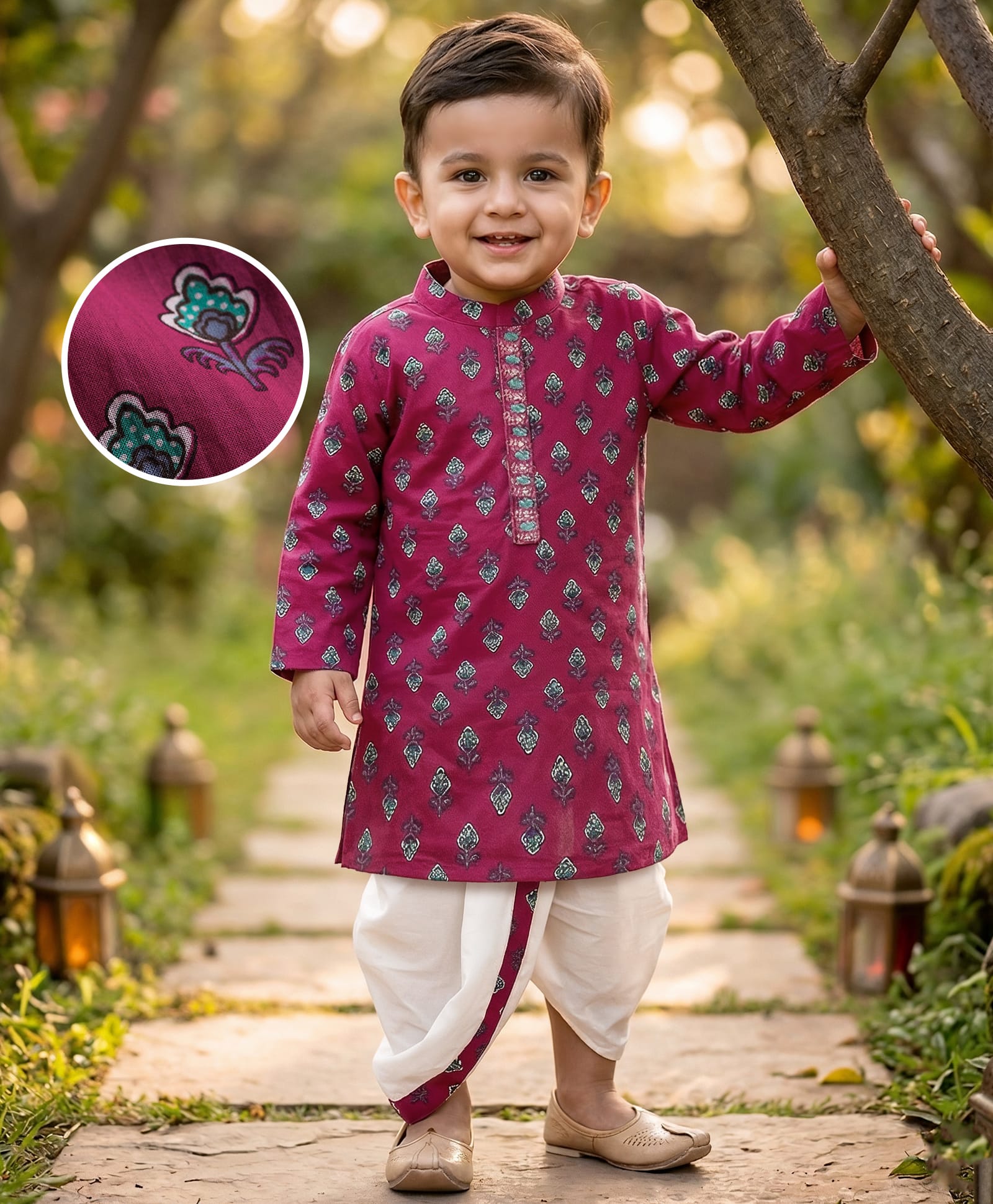 Babyhug Cambric Woven Full Sleeves Kurta Dhoti Set With Floral Print - Red & White-image-46