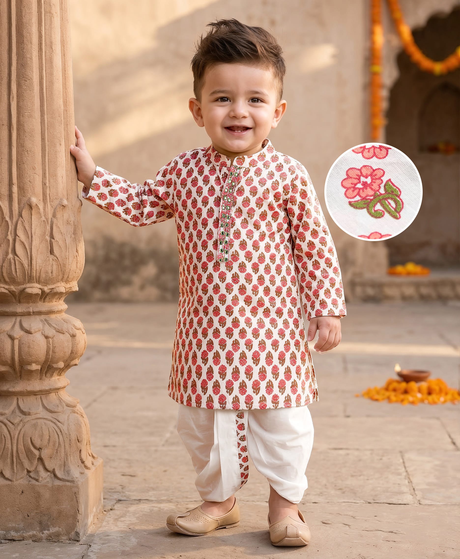 Babyhug Cambric Woven Full Sleeves Kurta Dhoti Set With Floral Print - White-picture-21