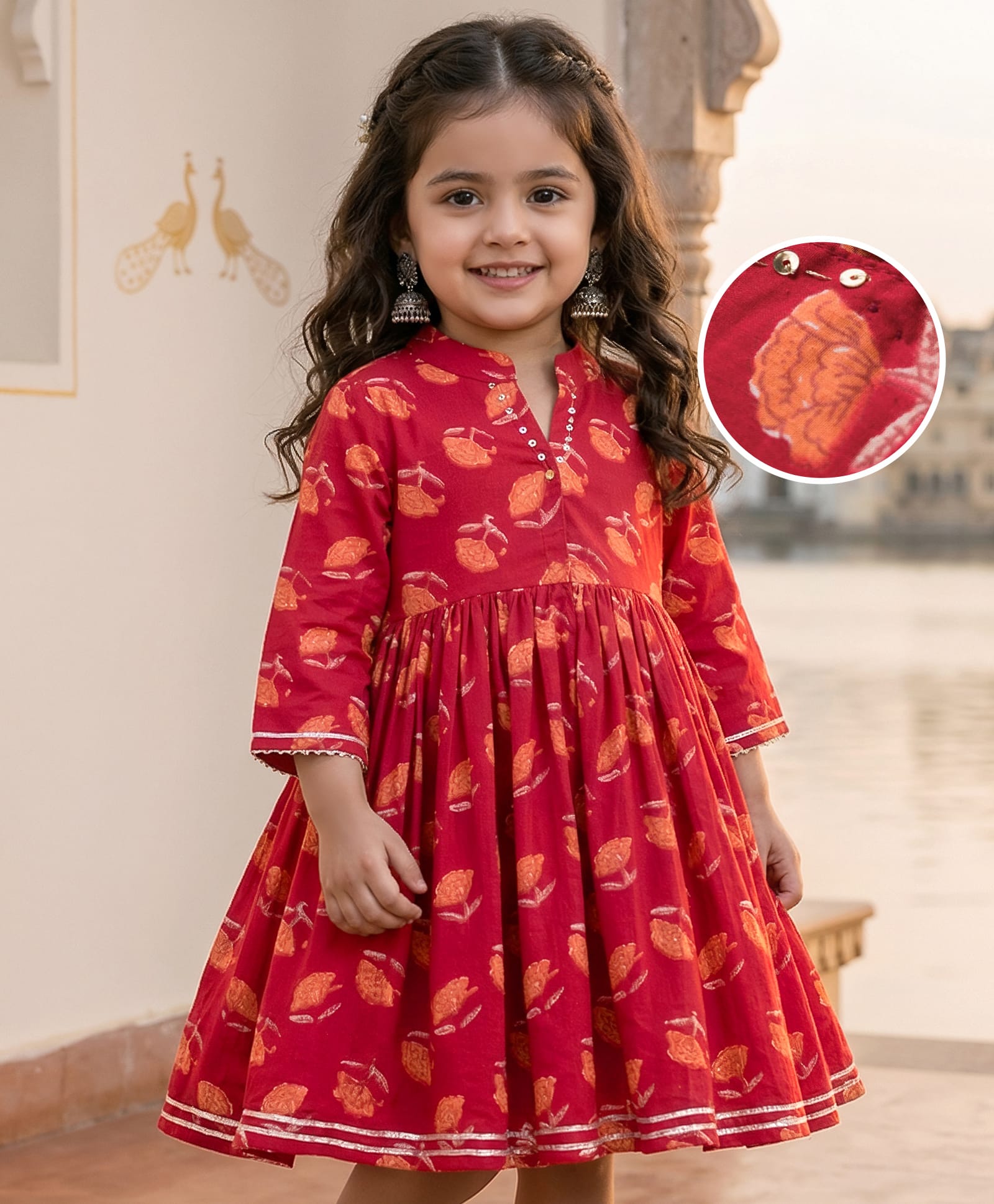 Babyhug Cambric Woven Three Fourth Sleeves Ethnic Dress with Floral Print - Rust Orange-picture-11