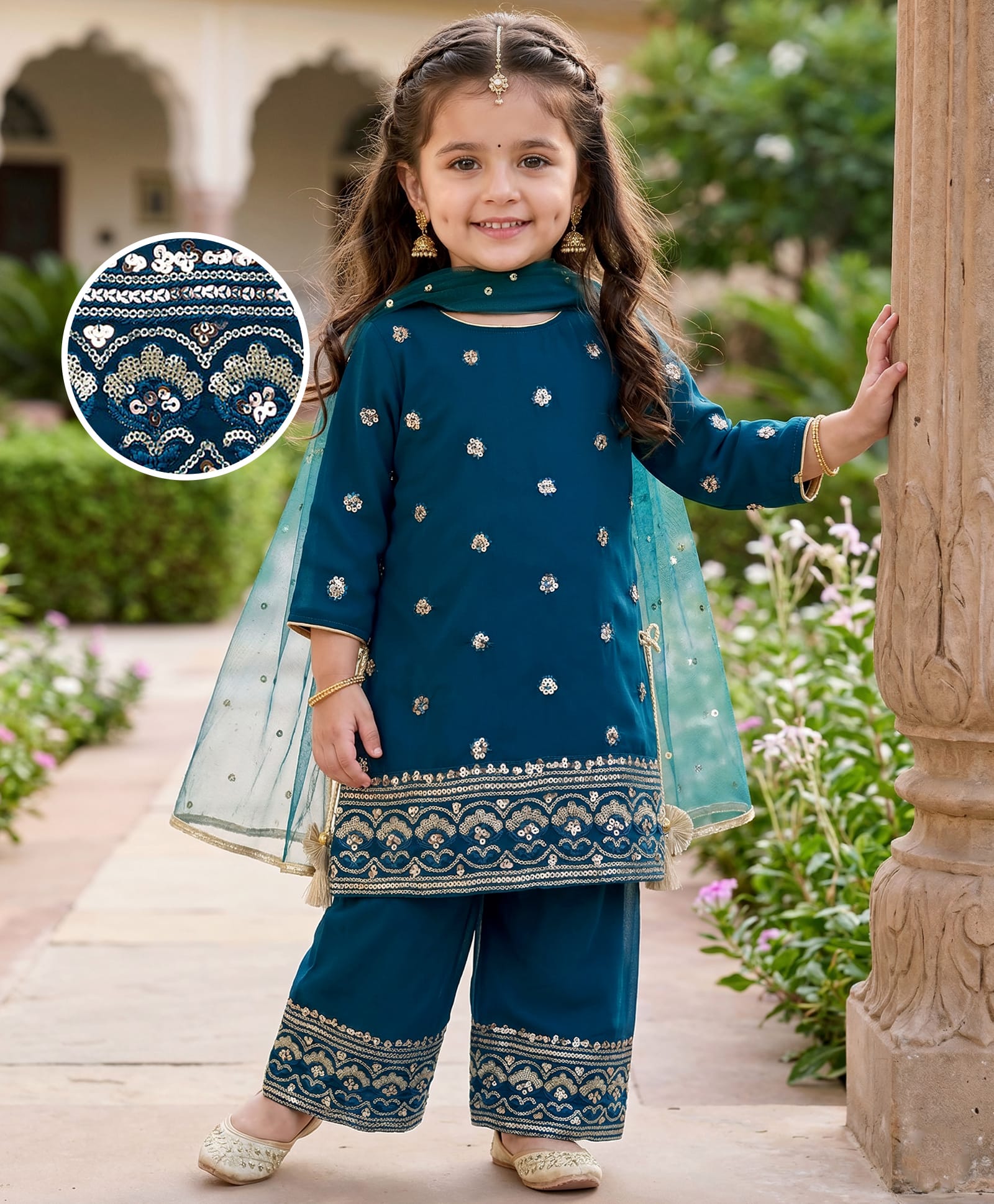 Babyhug Georgette Woven Half Sleeves Kurti Palazzo Set With Floral Embroidery & Dupatta - Navy Blue-image-46
