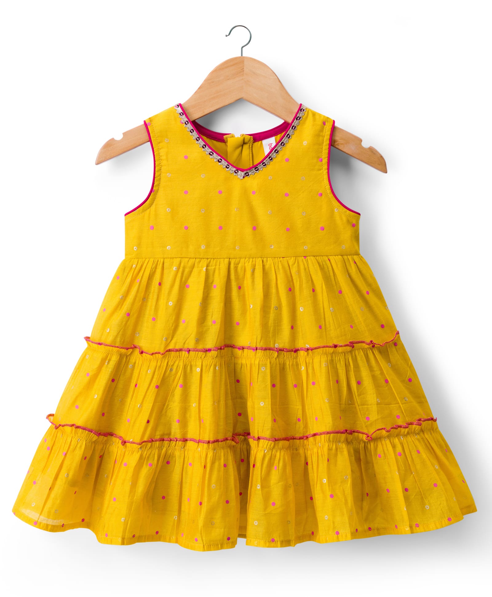 Babyhug Chanderi Woven Sleeveless Ethnic Dress with Polka Dots & Lace Detailing - Yellow-image-8