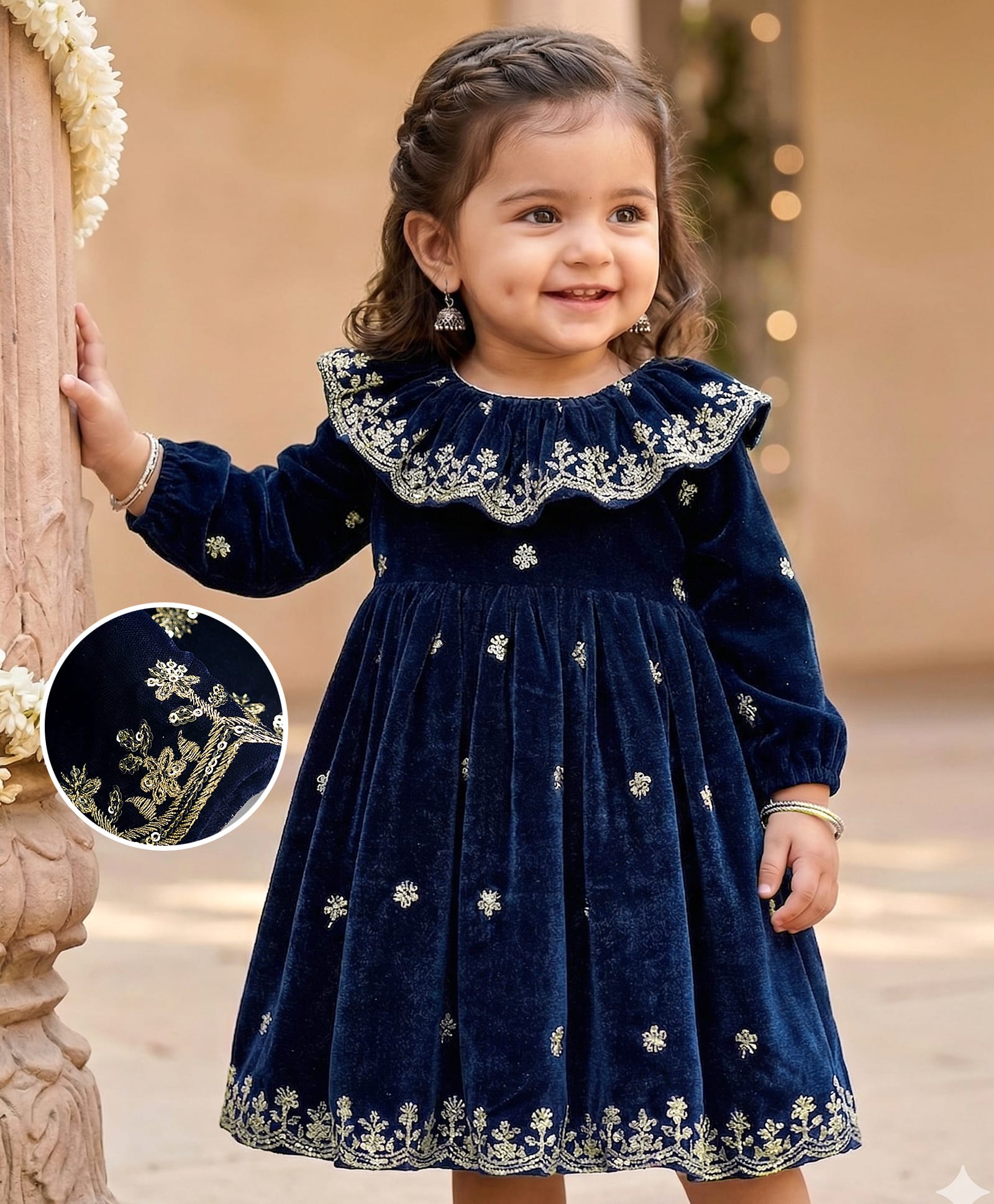 Babyhug Velvet Woven Full Sleeves Floral Embroidered & Sequinned Ethnic Dress- Navy-image-25